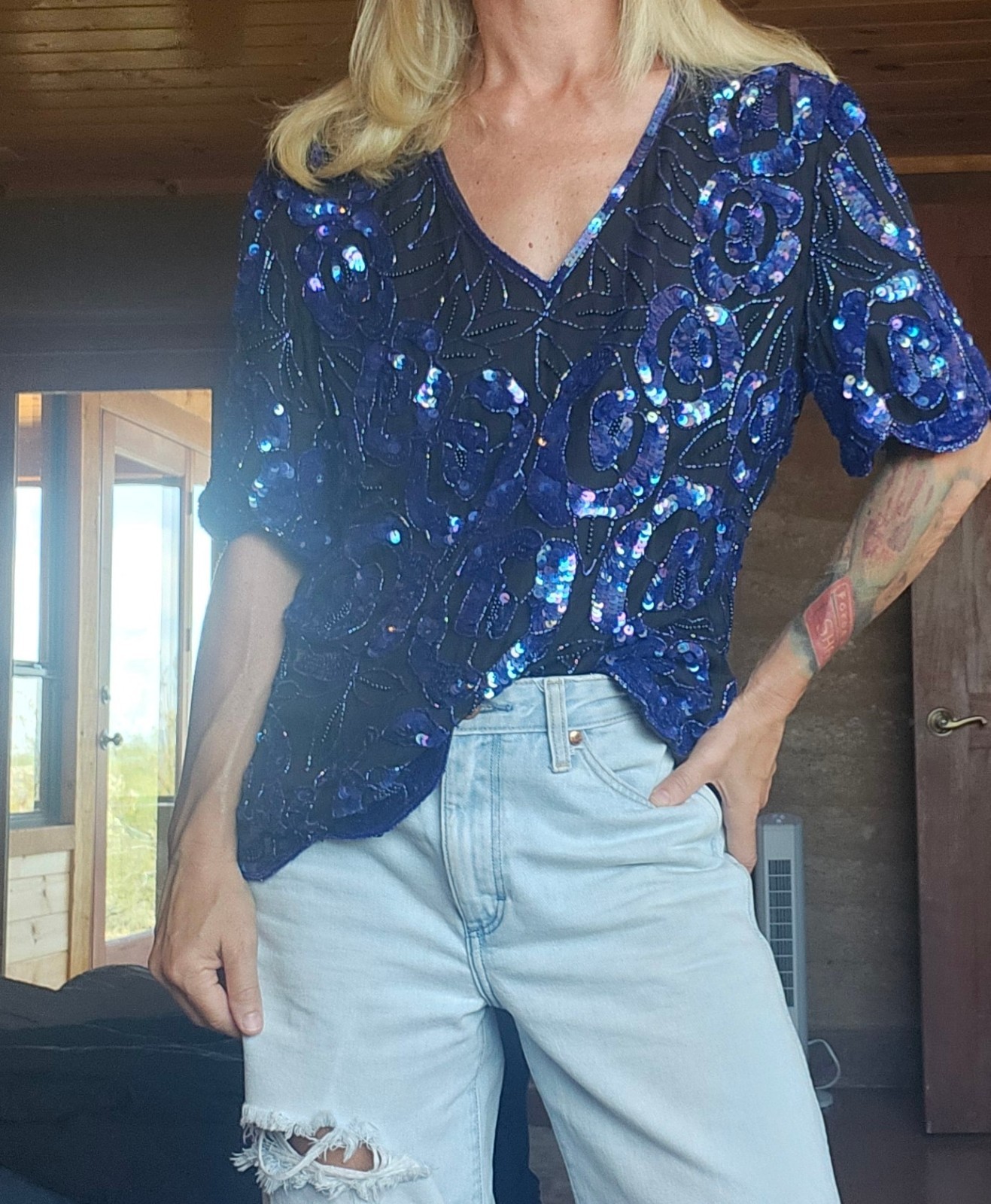 Vintage 80s 1980’s Blue Silk And Sequin Glam Blouse Top Shirt Sz L Fits M PARTY