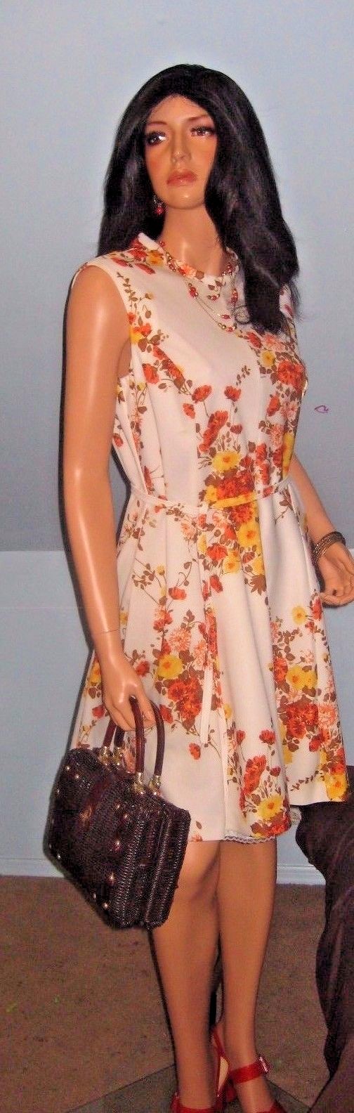 VINTAGE~60’S~ORANGE~YELLOW~FLORAL BOUQUET~MOD FIT & FLARE DRESS SZ L/ XL!