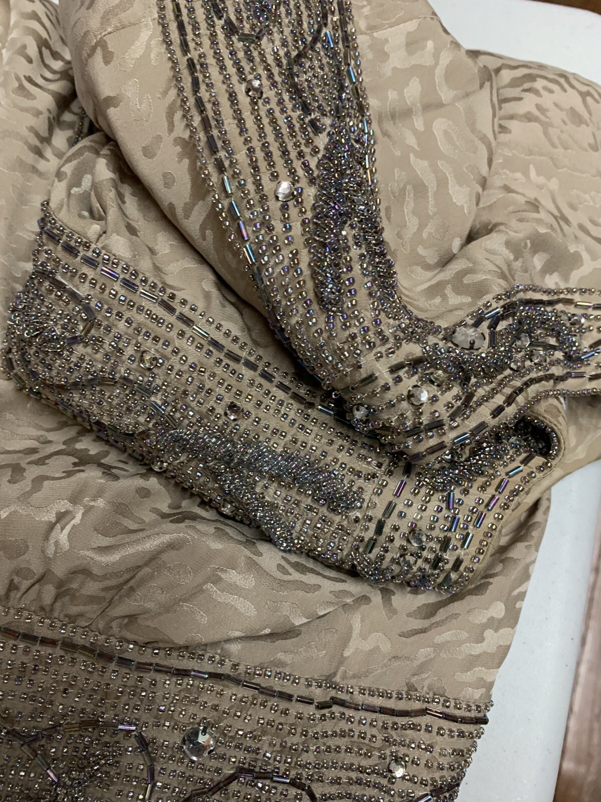 Vintage Heavy Beaded Dynasty Taupe Silk Dress Designer D’ore Animal Print Sz 14