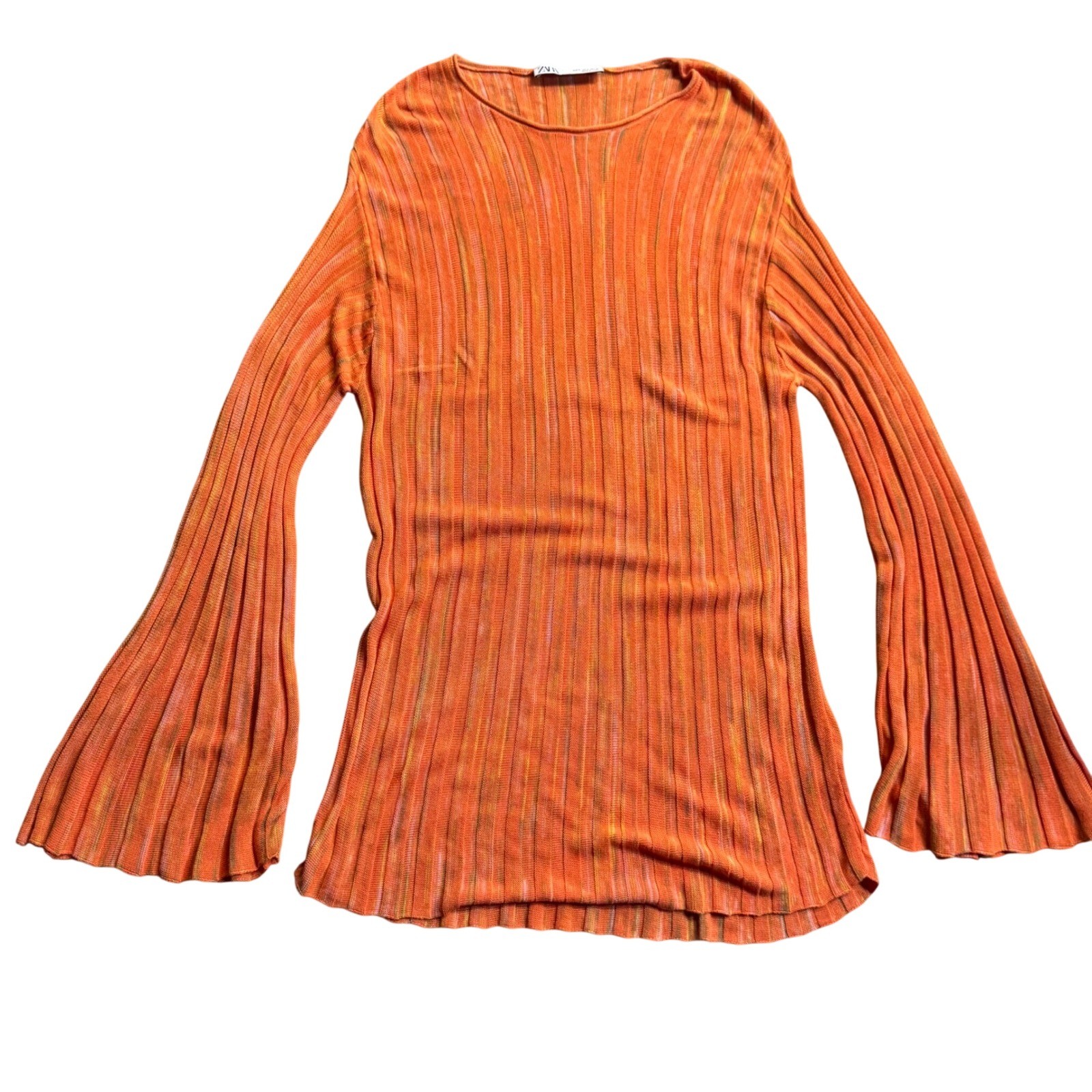 Zara Women’s Orange Ribbed Knit Bell Sleeve Sweater Sz S 70’s Retro Y2k Hippie
