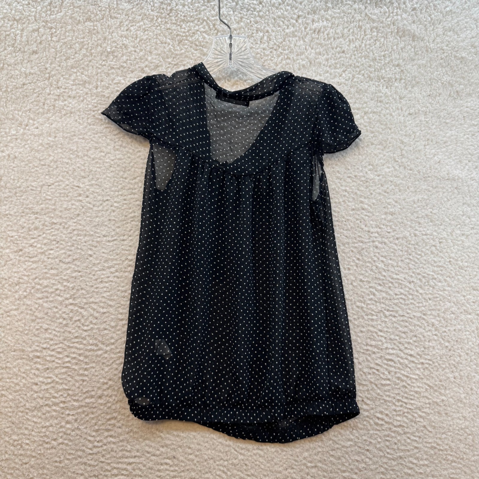 Y2K Vintage Mesh Top Medium Black Polka Dot Milkmaid Peasant Boho Fairy Grunge