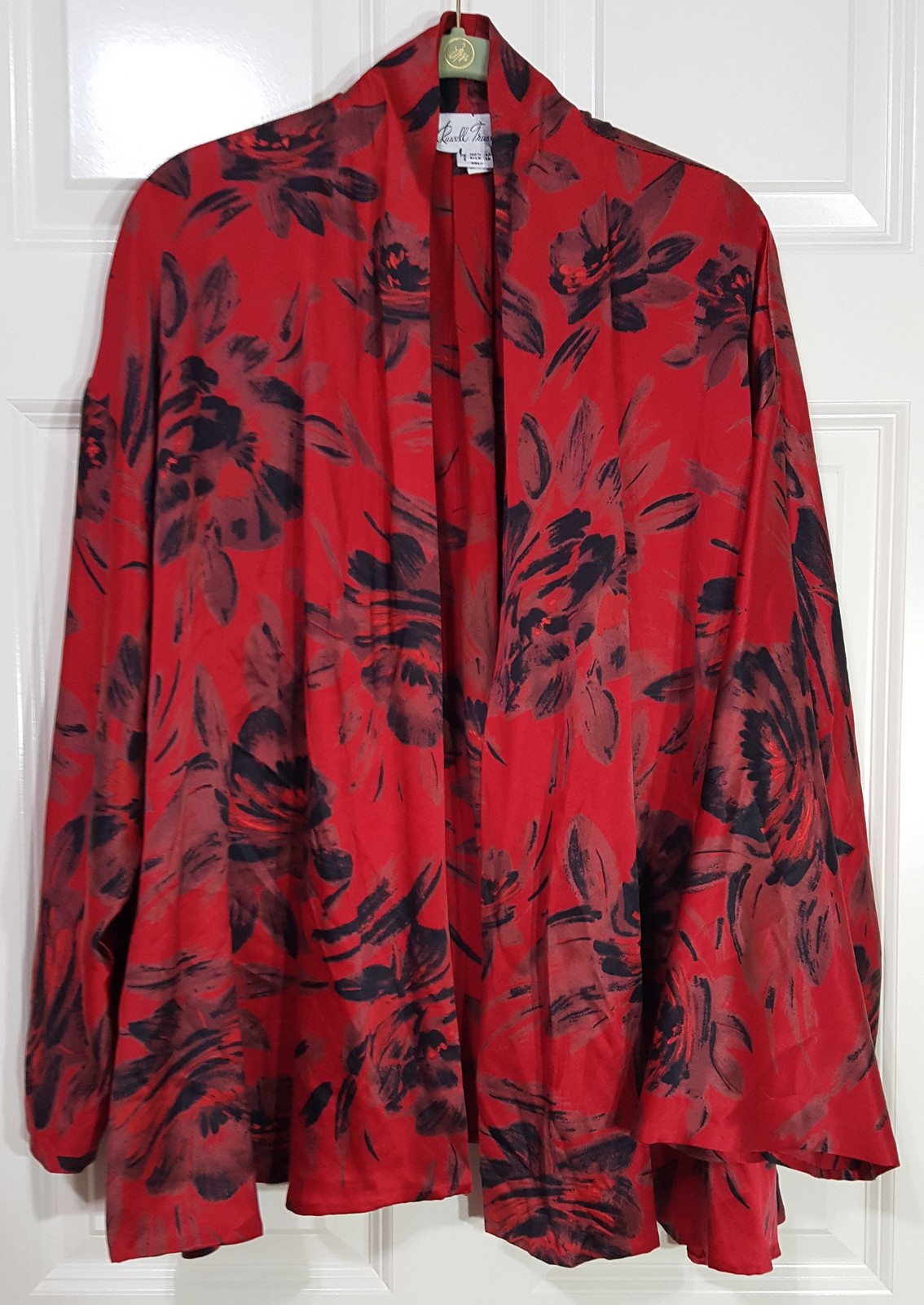 Vintage RUSSELL TRUSSO Silk Kimono Sleeve Cardigan Top Red Black Floral L XL 1X