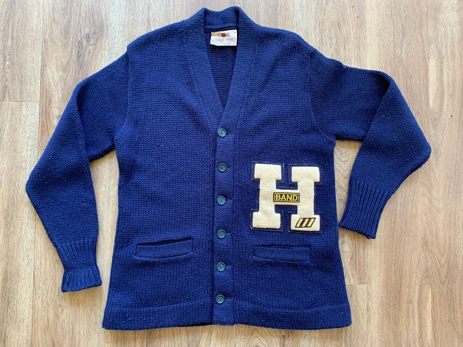 1950s Vintage Blue Varsity Band Sweater Letterman H Standard Pennant Co