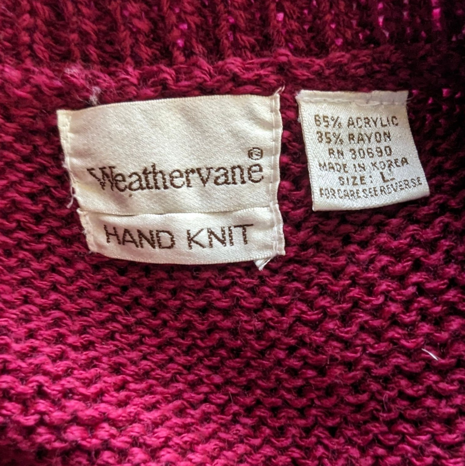 Weathervane hand knit Vintage Burgundy Blue Sleeveless Cardigan Size Large