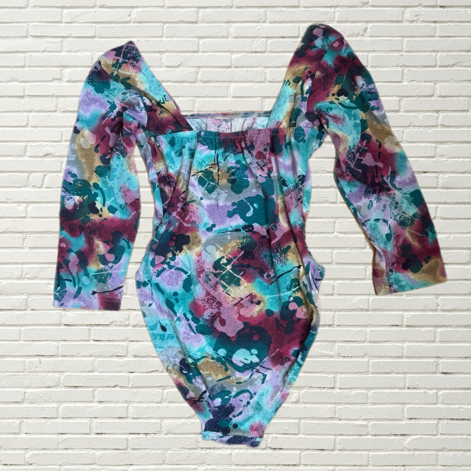 Vintage 80s Aerobic Workout Set – Abstract Print Bodysuit & Biker Shorts Xs/s