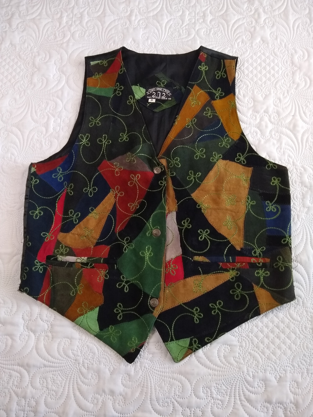 Two One Two Suede Leather Vest Womens S Patchwork Embroidery Boho Hippie Vtg