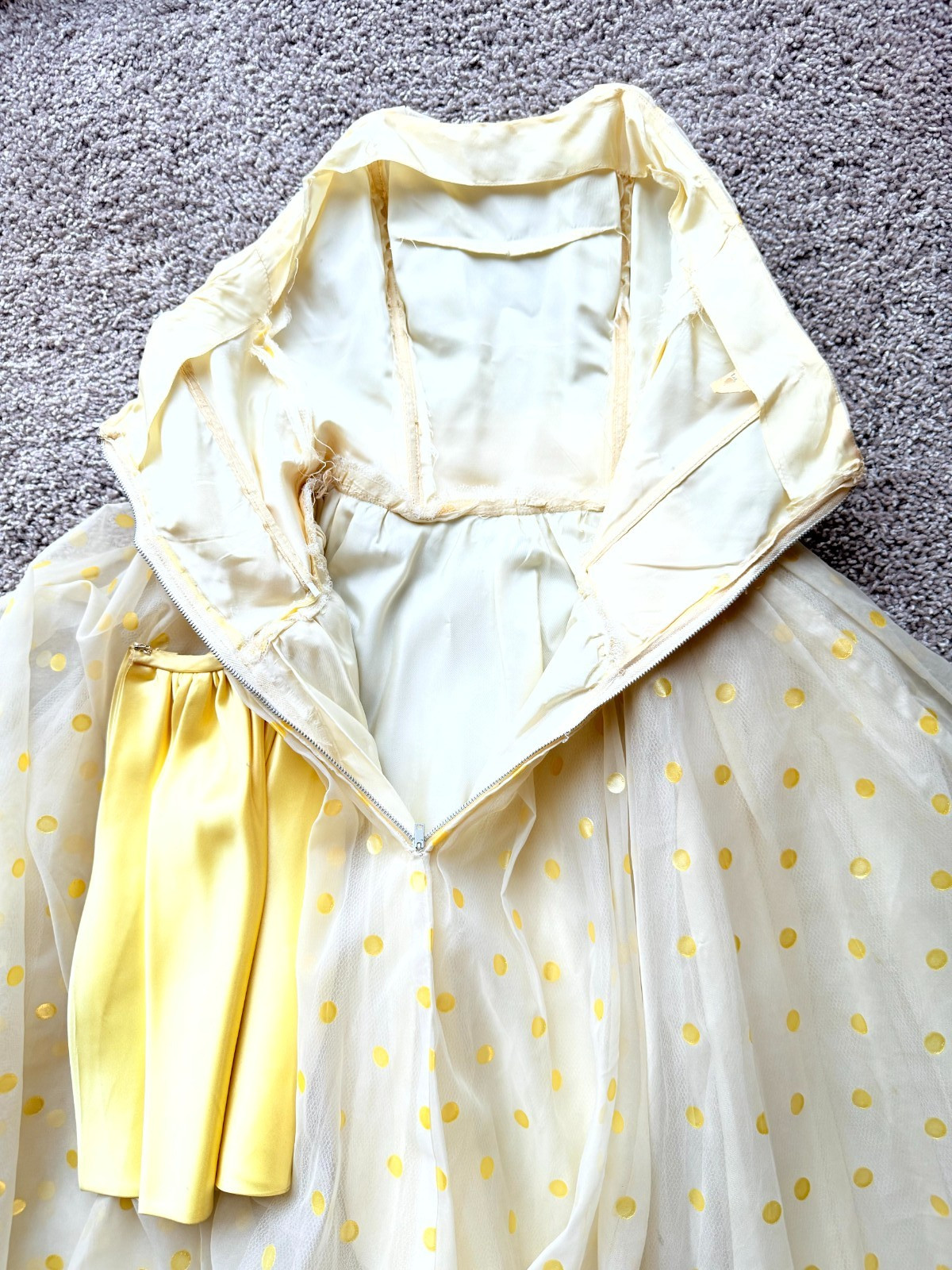 Vintage 1950s White Dress Yellow Polka Dots Tulle Chiffon Union Made