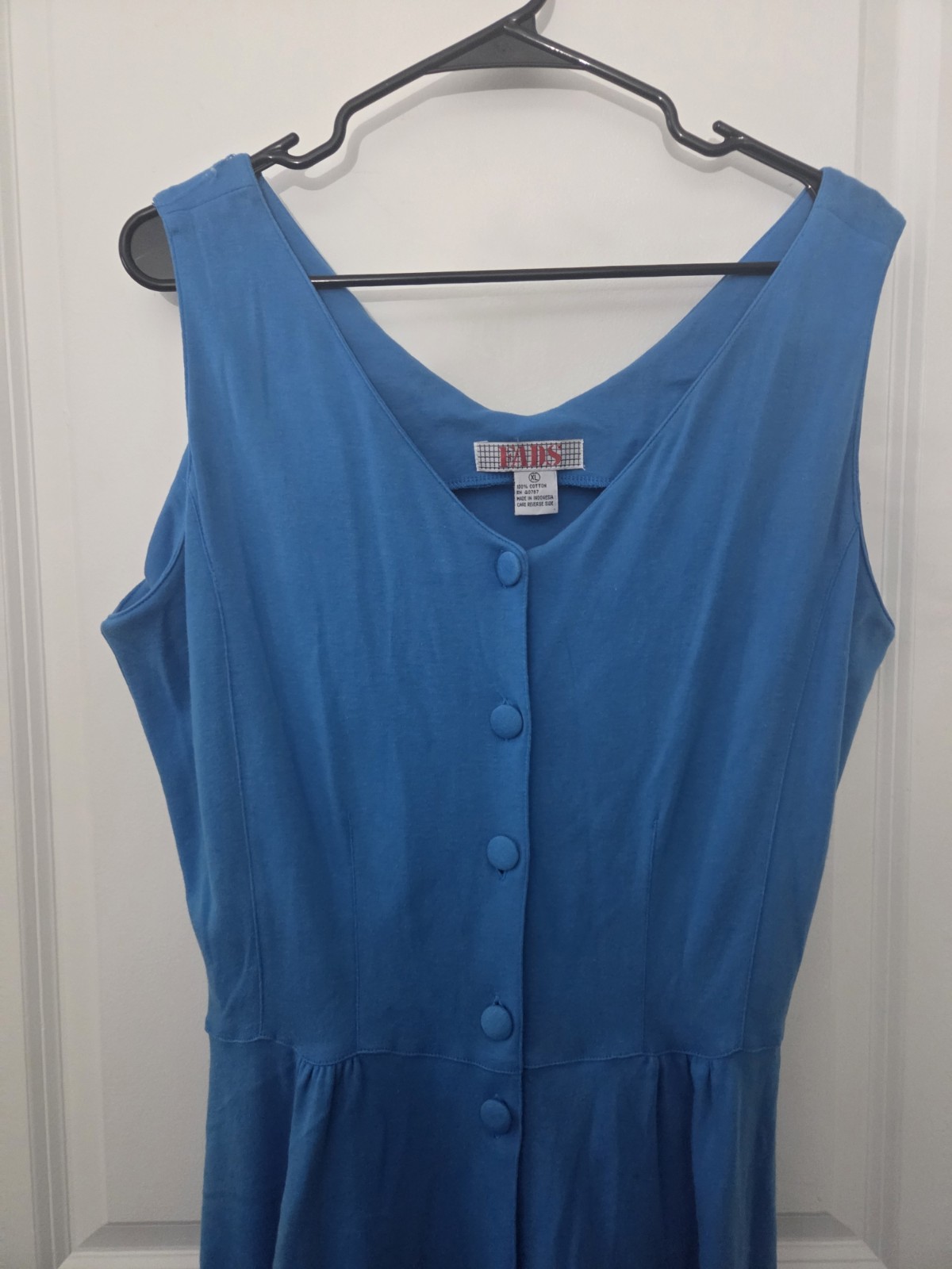 Vintage 80s Blue FADS Cotton Sleeveless Button Front Dress Size XL