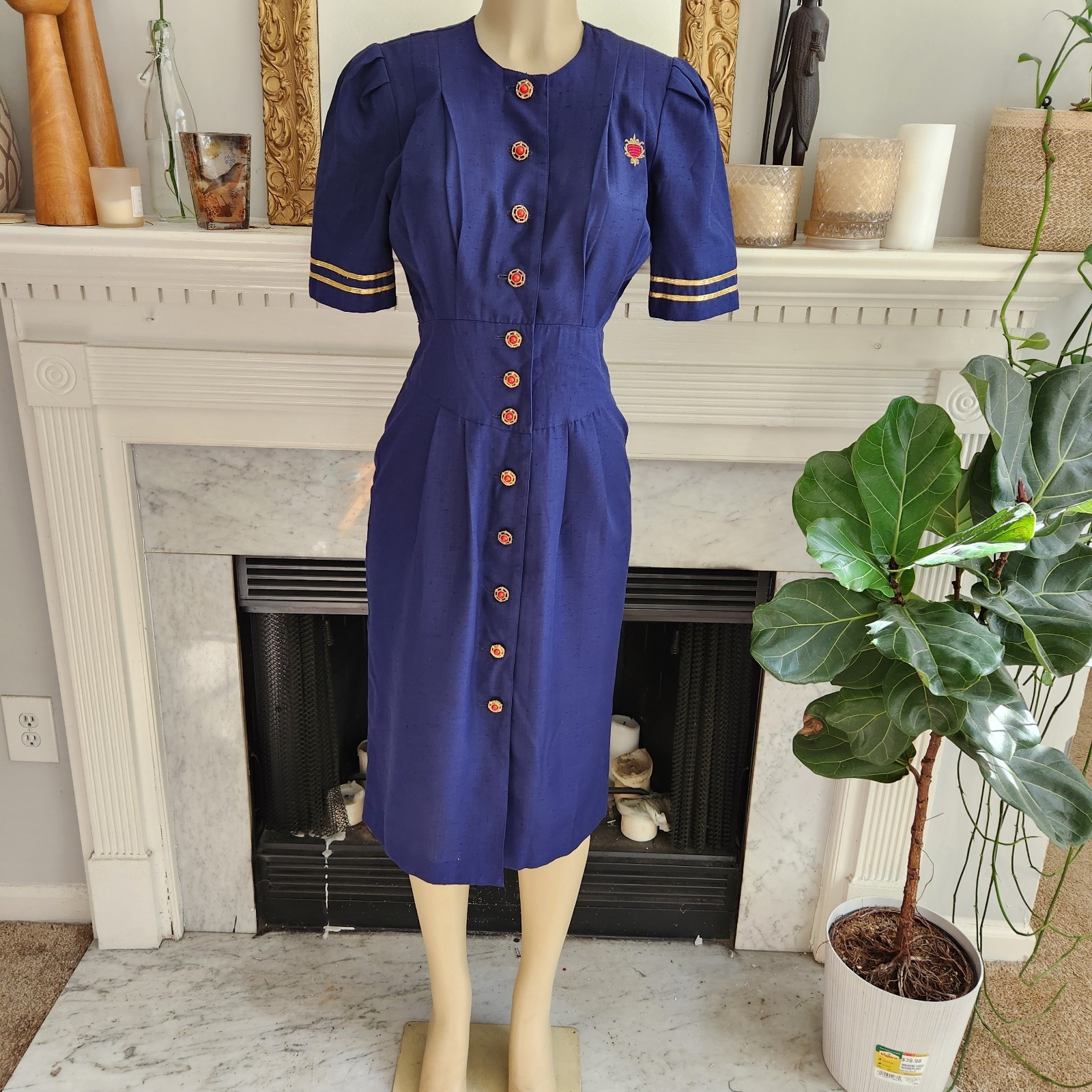 Vintage 80s Blue Midi Pencil Dress Military Nautical Office Pleated Size 6