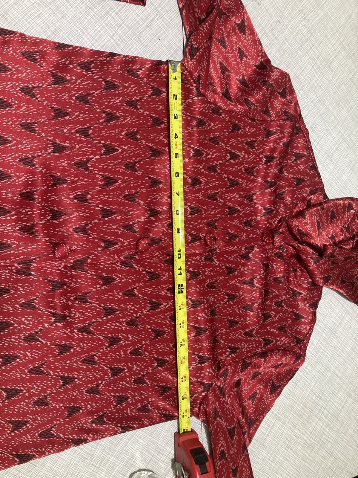 VTG 70s Weathervane Secretary Blouse Asymmetric Button Red Ikat Chevron Tie Neck