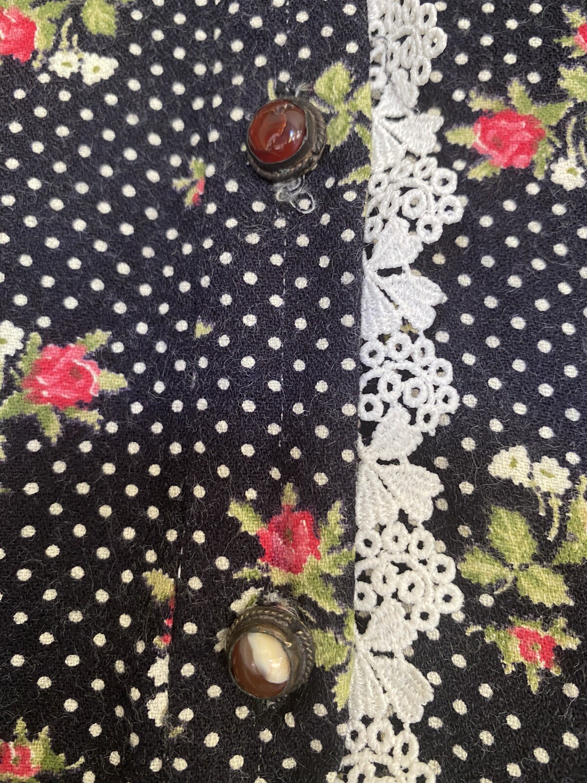 Vtg 70’s Liberty of London Black Polka Dot Rose Blouse W/ Agate Buttons
