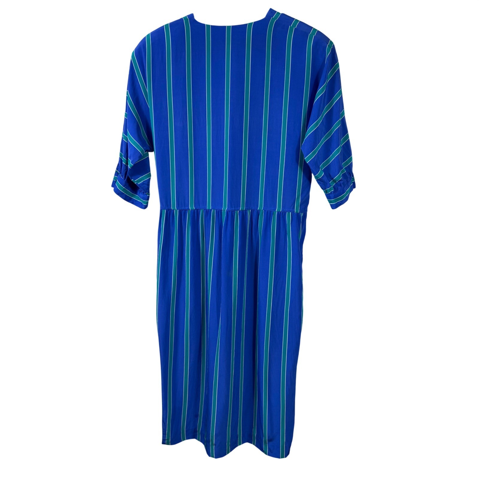 Vintage Silk Studio 100% Silk Striped Dress Blue Green Midi Size 14 Korea