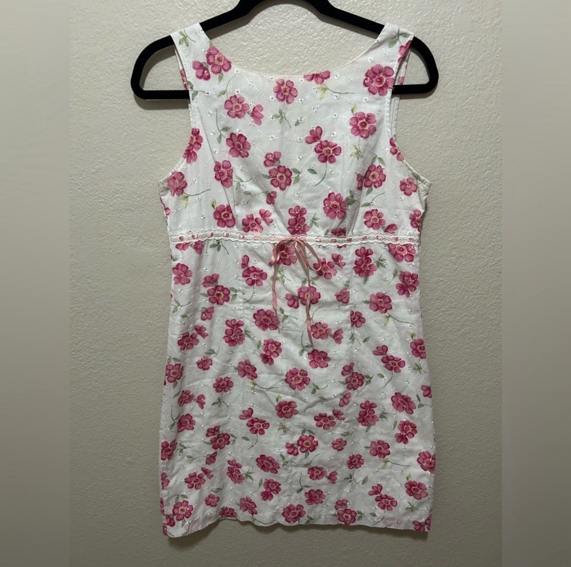 Vintage 90s White Eyelet Floral Mini Dress Pink Embroidery Cottagecore Small