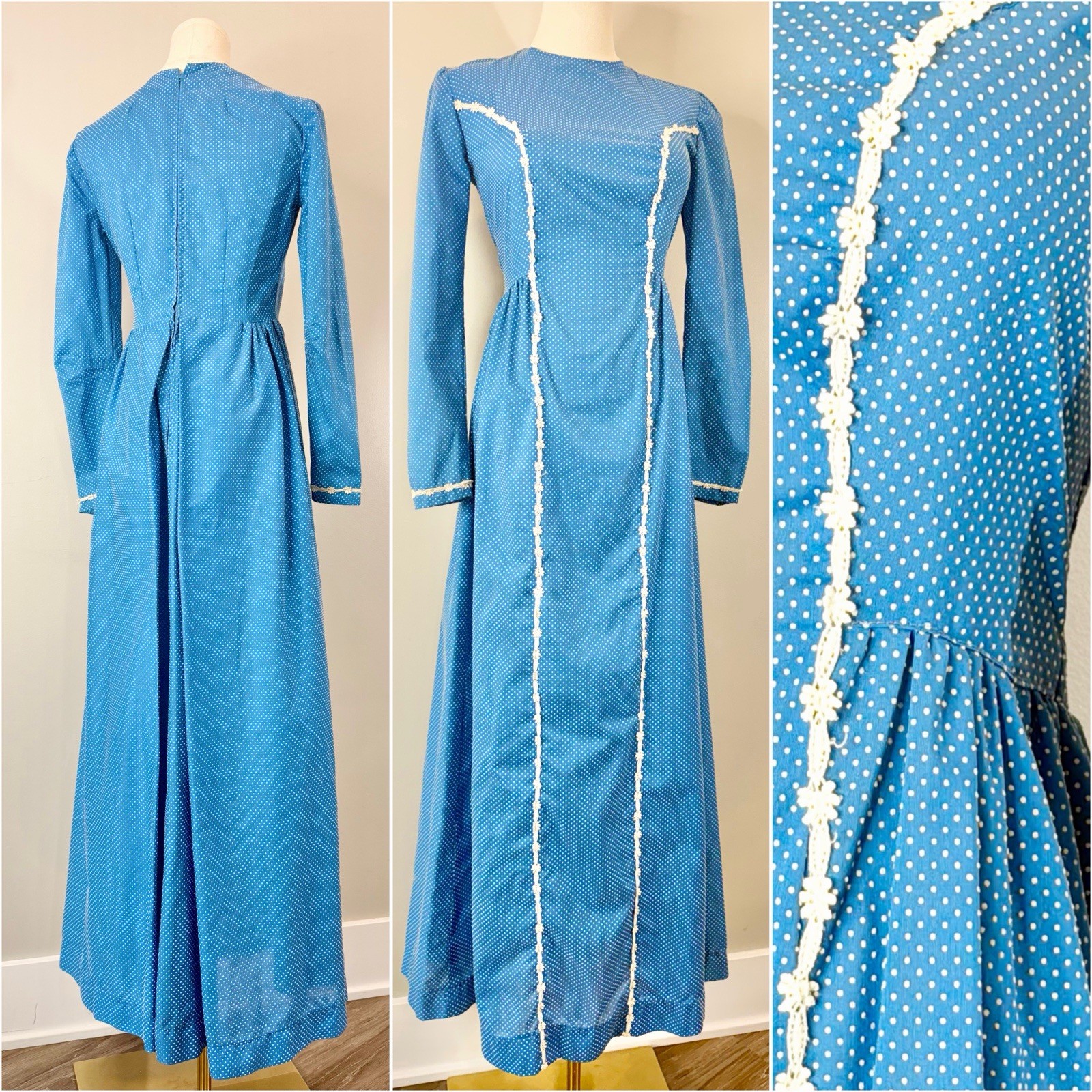 Vintage 1970s Prairie Dress Swiss Dot Cottagecore Romantic Elegant 70s Blue