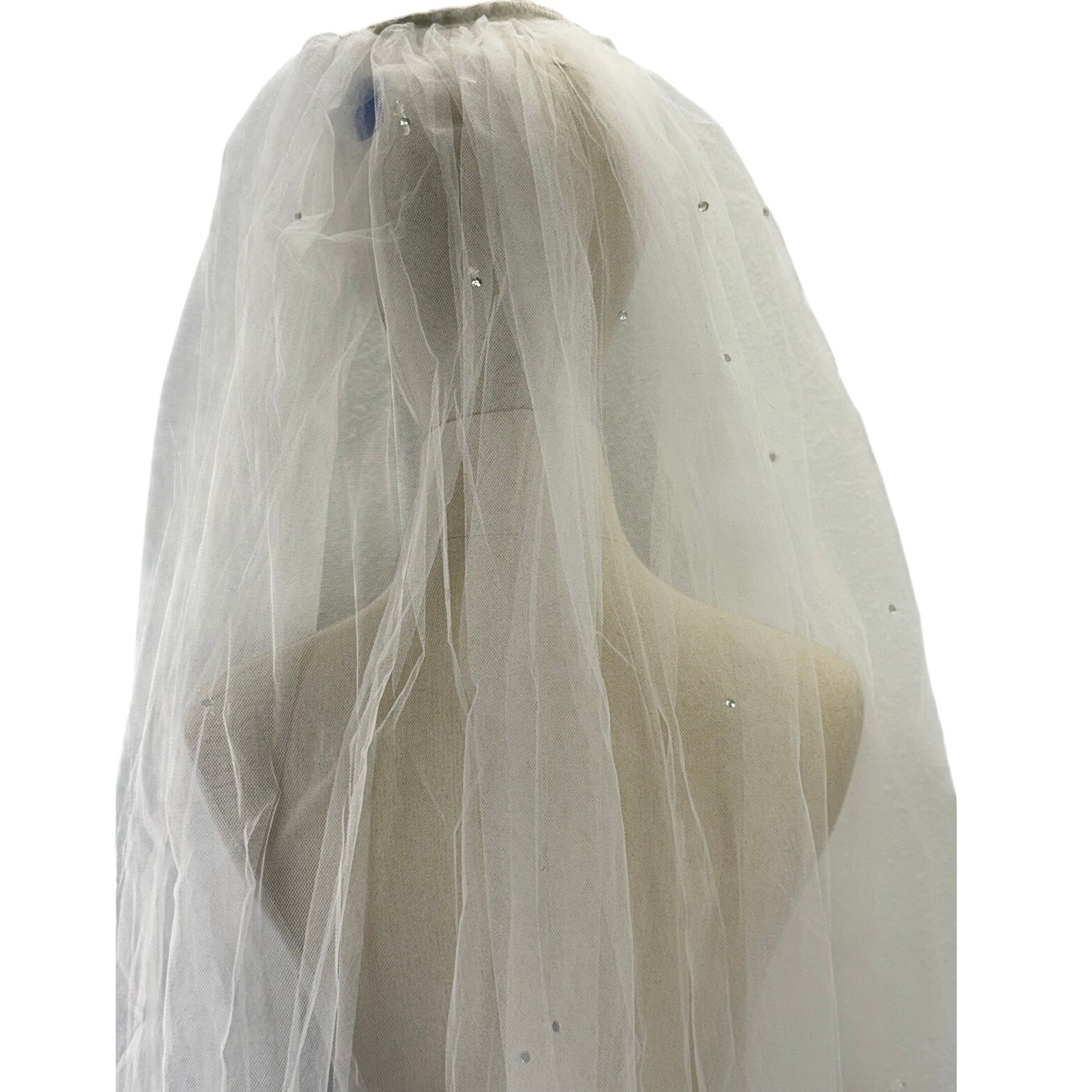 Vintage 90s Bridal Veil Train White Tulle Rhinestone Headband Wedding 95″ Long