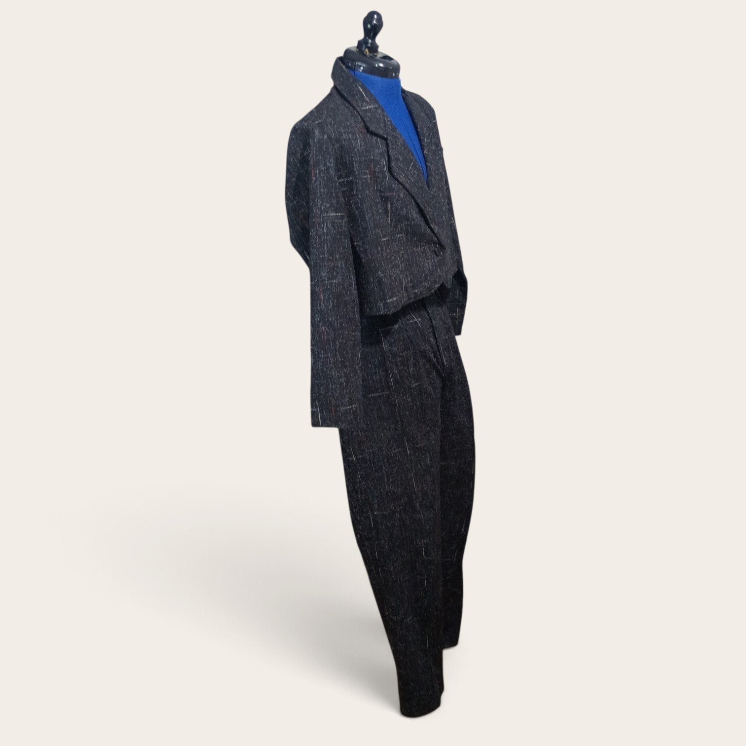 Vintage 80s High-Waist Charcoal Tweed Pant Suit