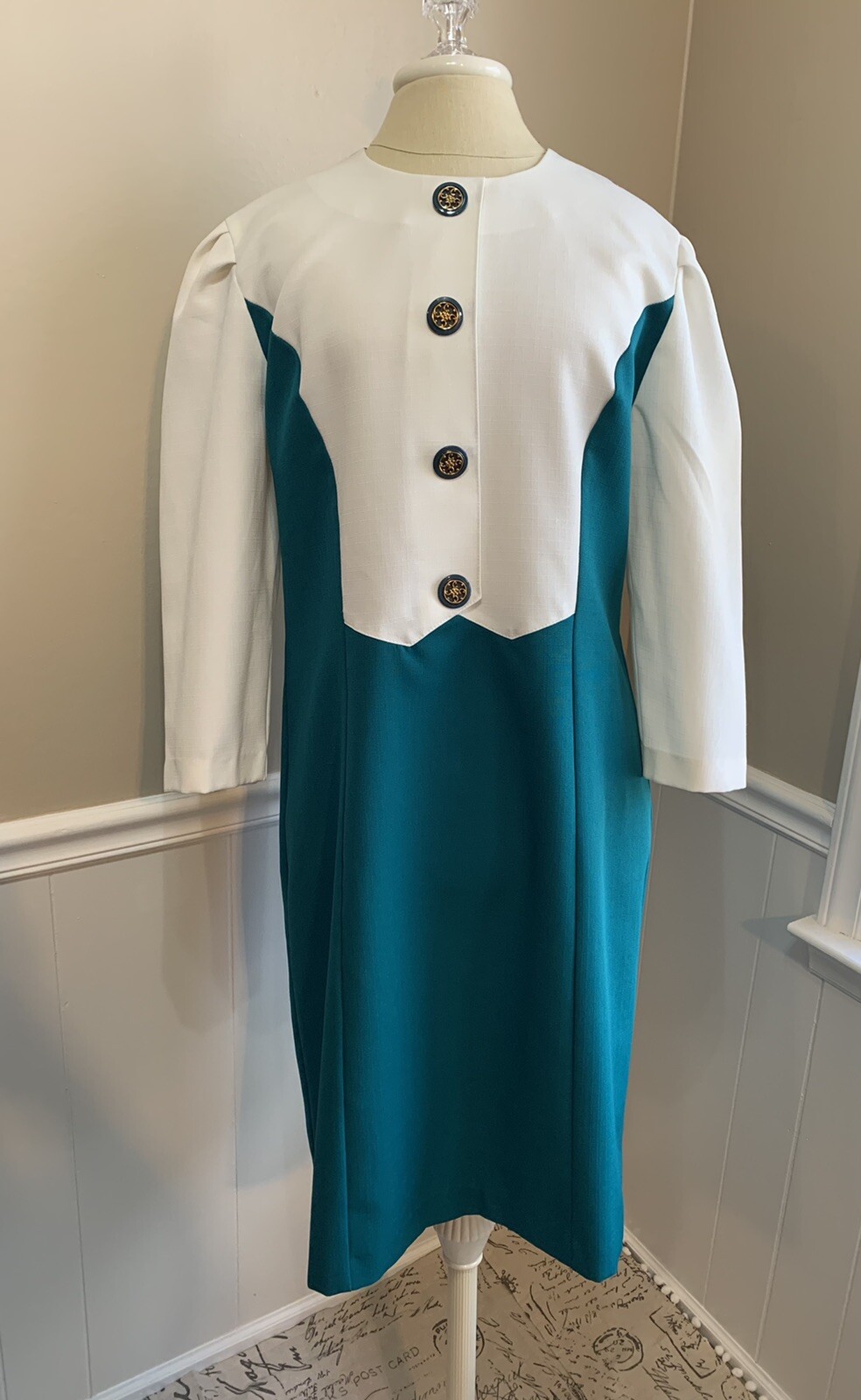 Vtg 80s Does 60s Secretary Dress Teal White Sz 16 Retro Flight Attendant Costume