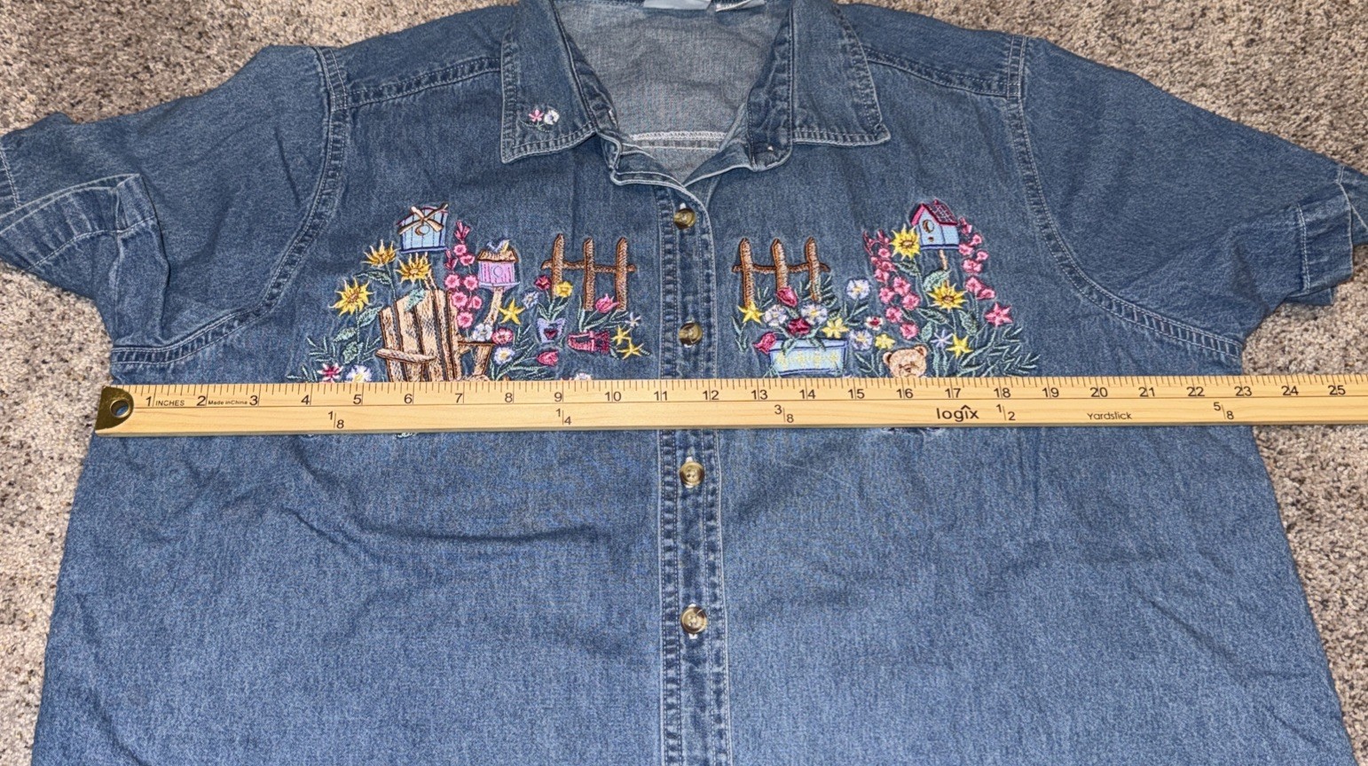 Womens 14/16W Denim Shirt Embroidered Floral Bear Garden Cottagecore Grandmacore