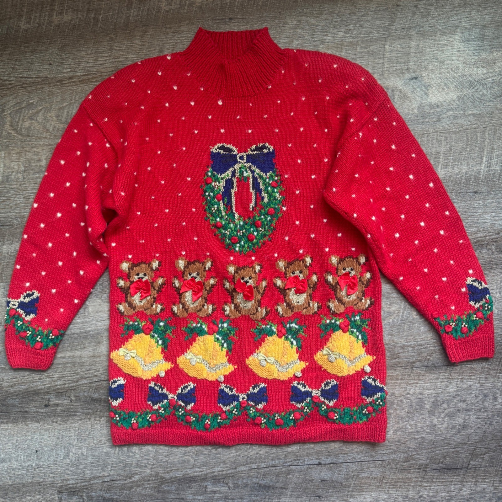 Marisa Christina Vintage Hand Knit Christmas Granny Sweater Red Teddy Bear Bell