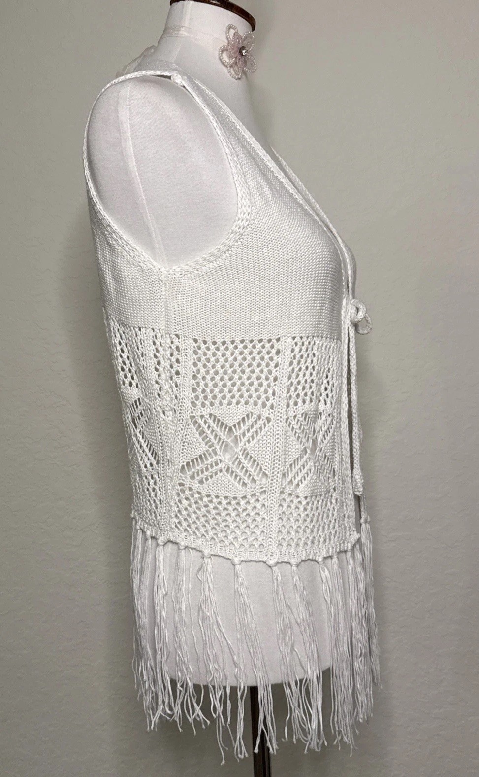 Vintage No comment NY LA Fringe Crochet Vest Hippie Boho Granny Core Size L