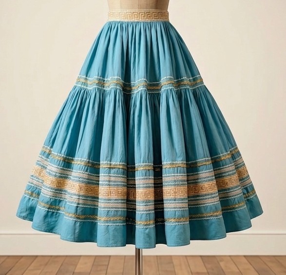 Vintage 50’s Turquoise Ric Rac Metallic Full Circle Squaw Patio Skirt XS