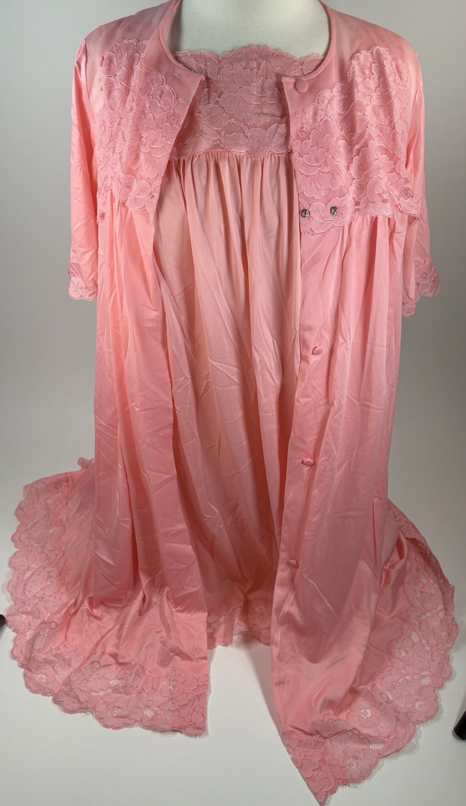 Vintage Shadowline Nightgown Robe Set M Pink Nylon Lace Peignoir Lingerie Floral