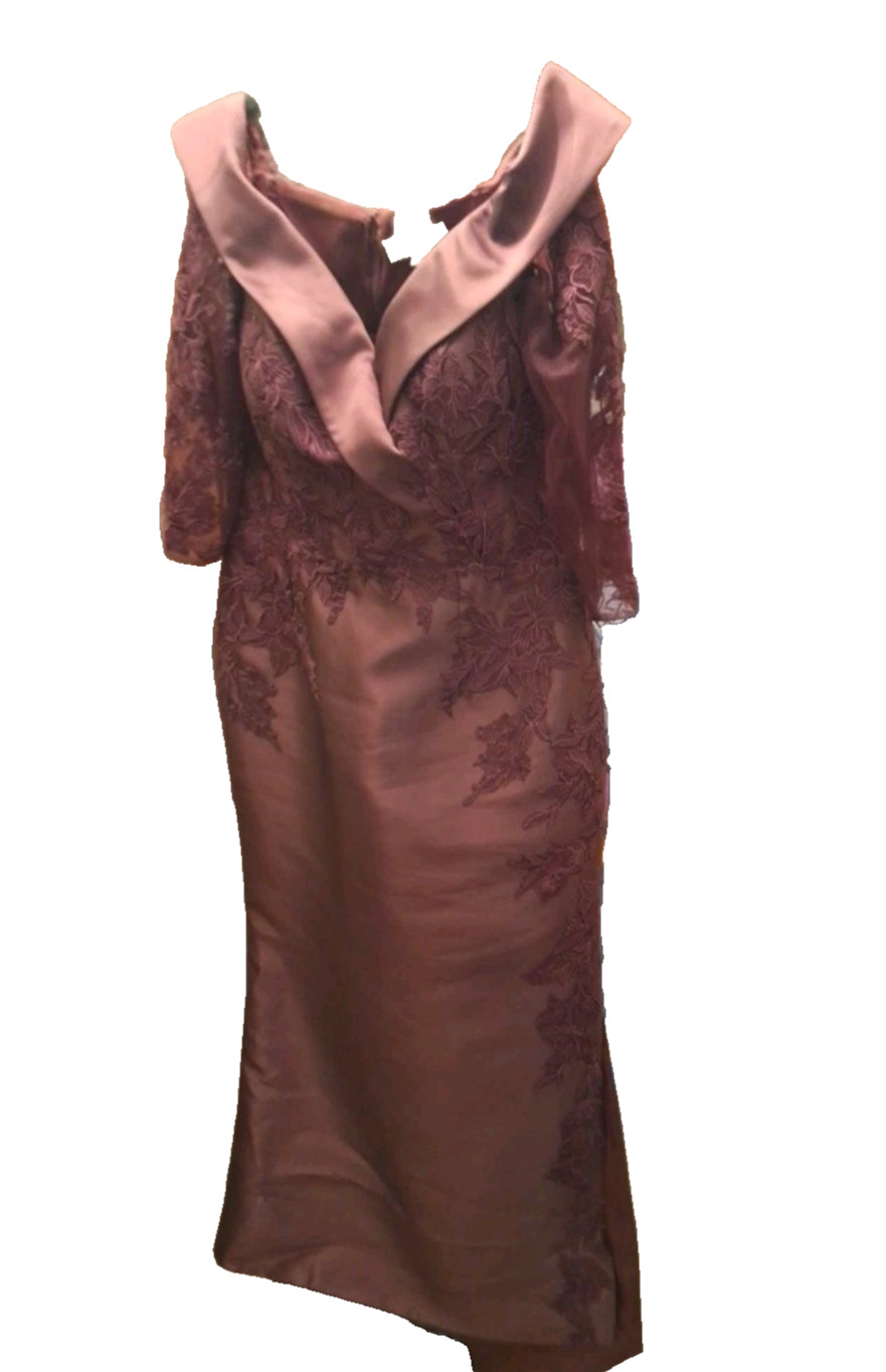 Vintage Wine Taffeta Evening Gown Womens 14 Lace Bodice Lace Sleeves appliques