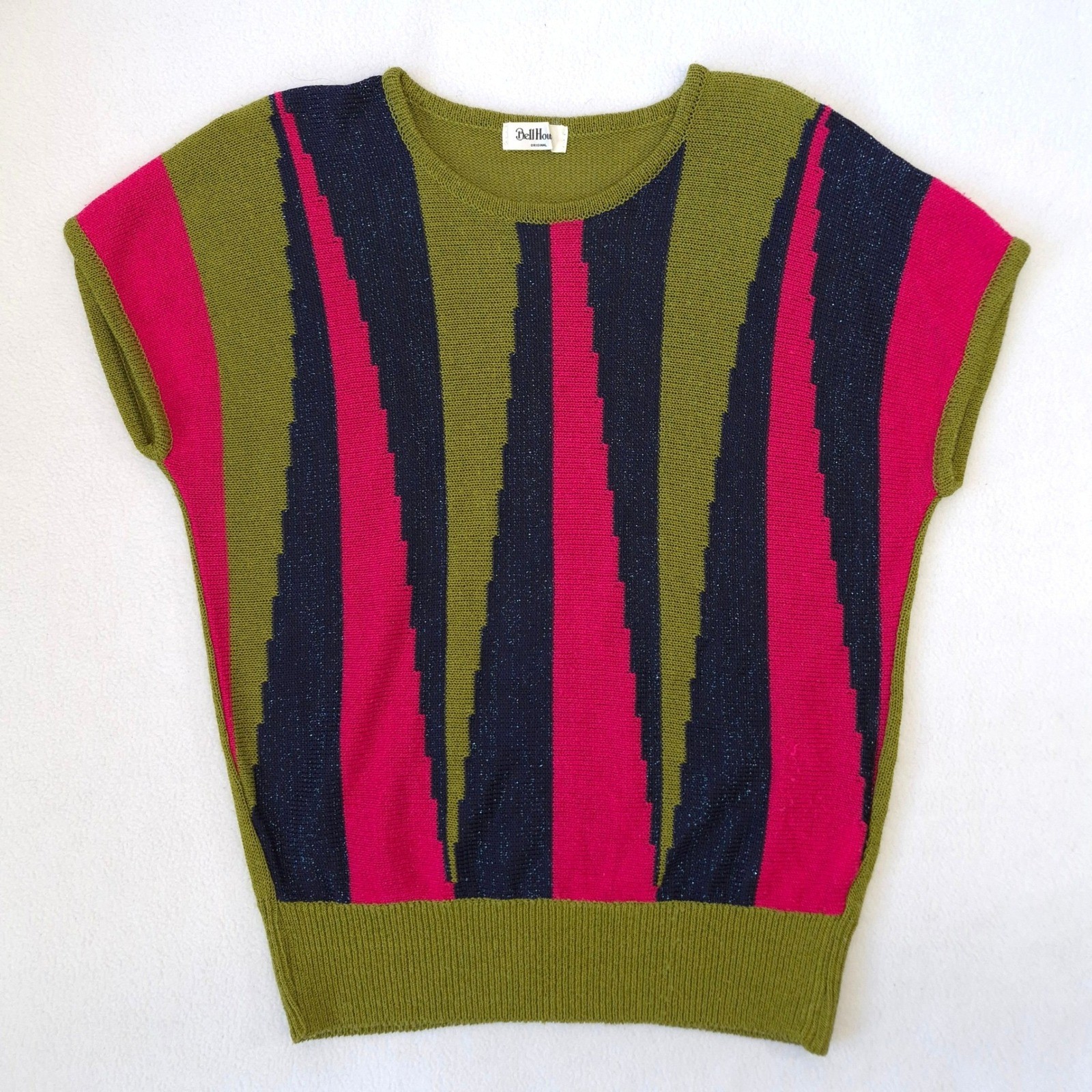 Bell House Sweater Top Green Pink Navy Sz M Vintage 80s Geometric Metallic Knit