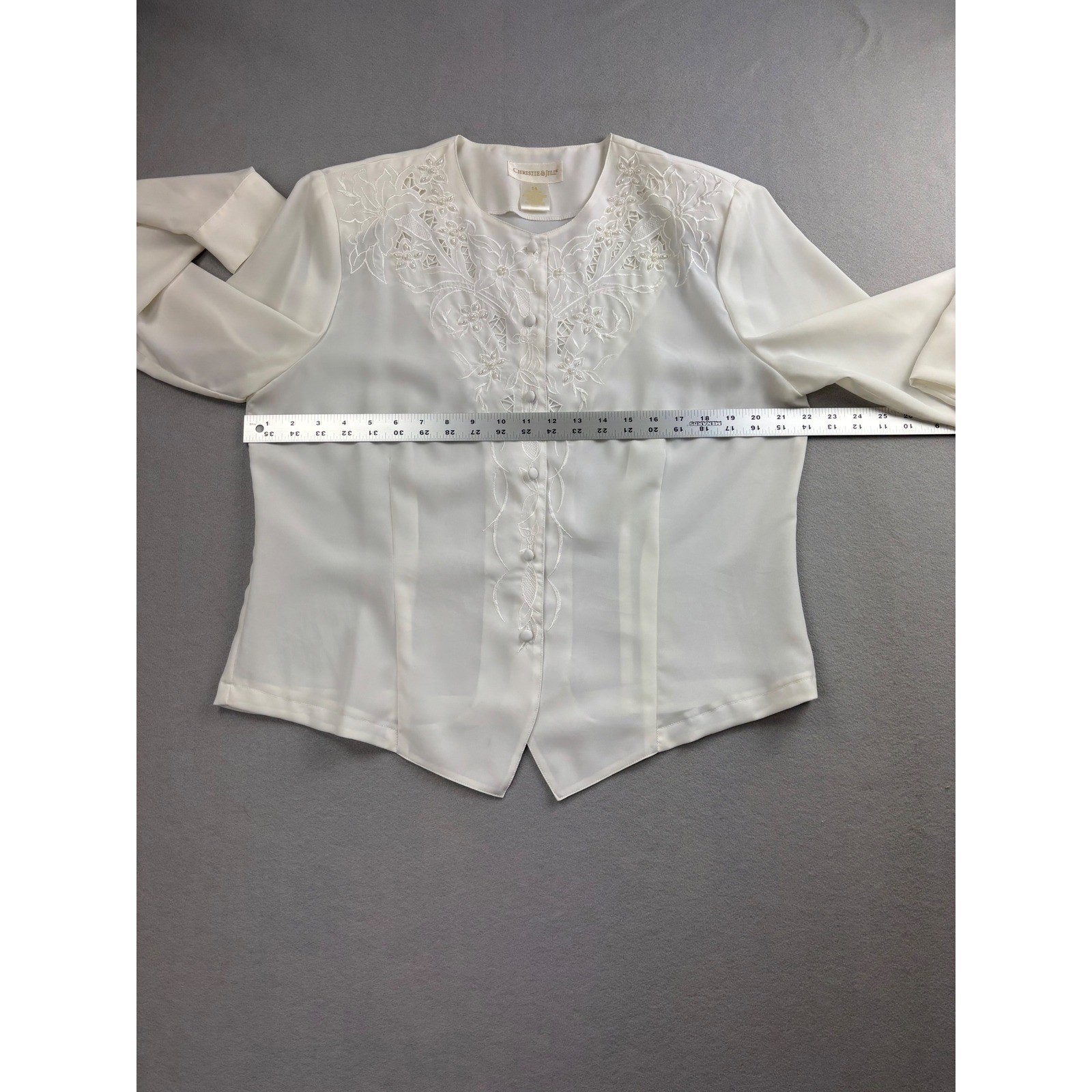 Vintage Christie & Jill White Embroidered Beaded Blouse Size 14 Long Sleeve