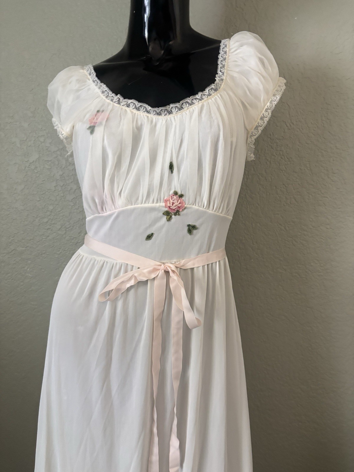 Vintage 1960’s/70’s White Maxi Nightgown With Puff Sleeve And Floral Embroidery