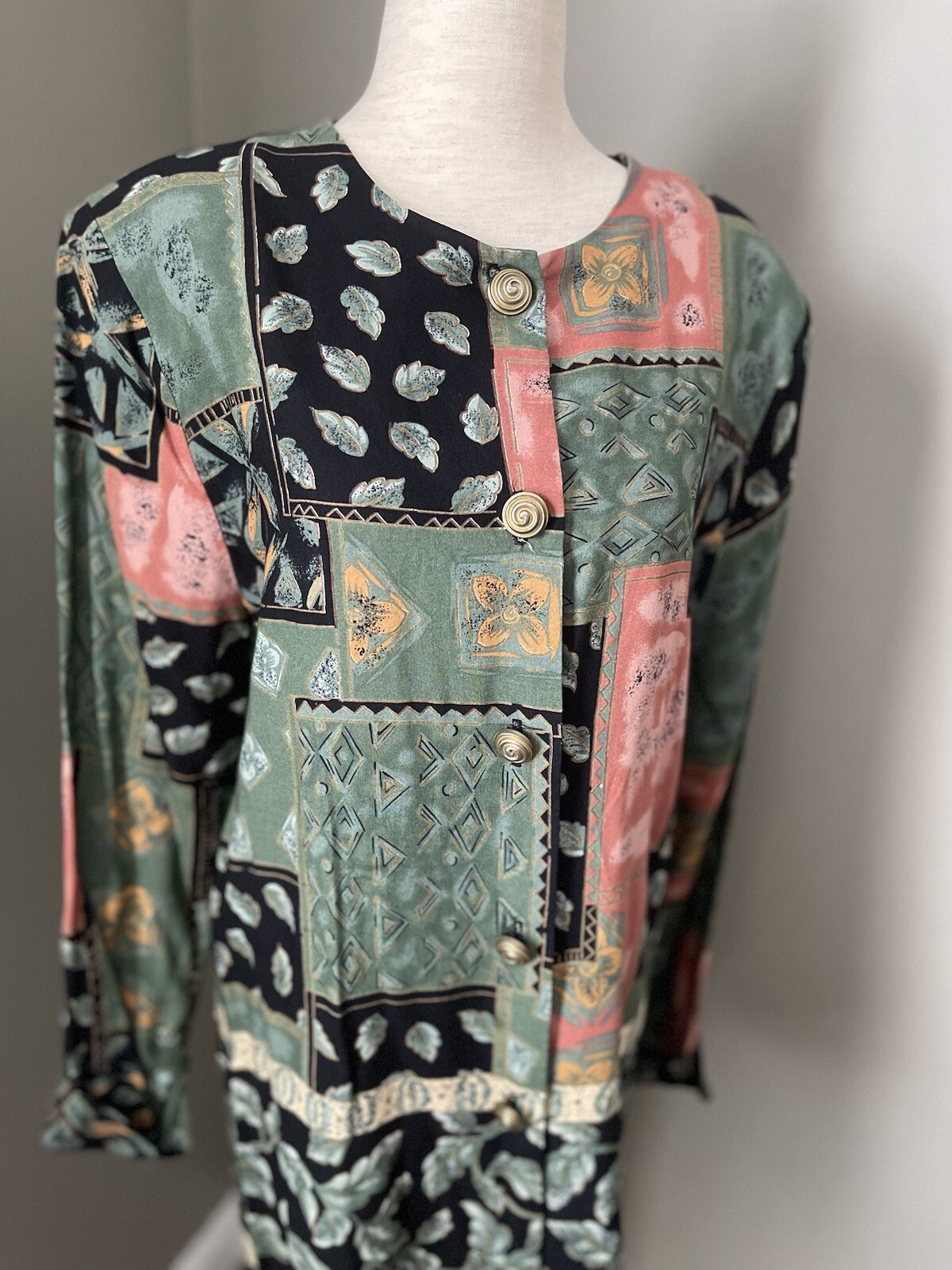 Vintage 80s 90s Shoulder Pad Patchwork Style Button Up Top Gold Spiral Buttons