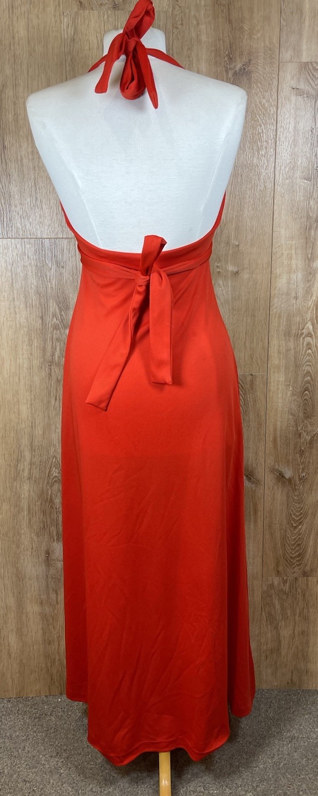 Vintage 1970’s Orange Red Halter Maxi Dress W Rhinestones As Is