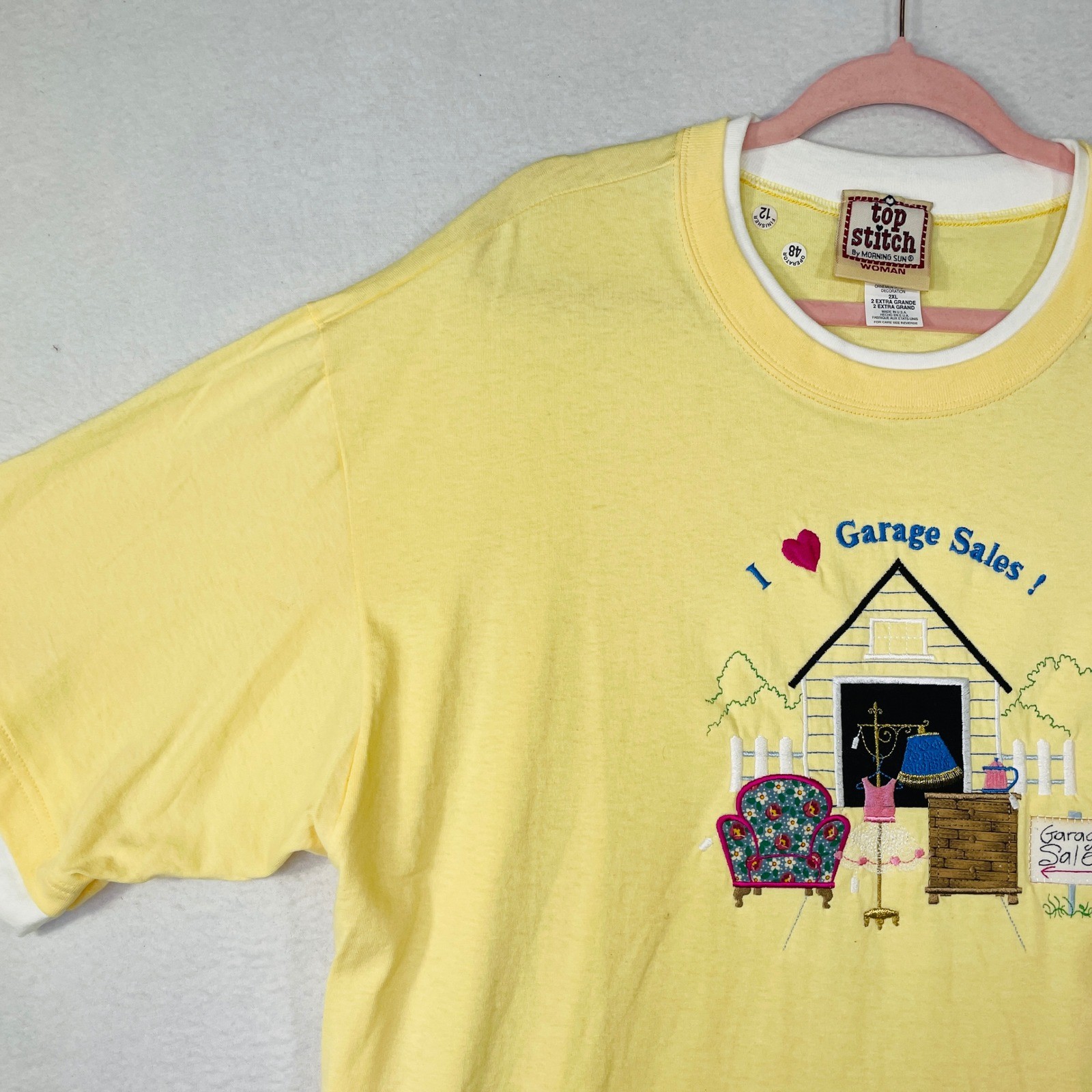 Top Stitch Morning Sun Vintage I Heart Garage Sales T-Shirt Yellow 2XL USA Made