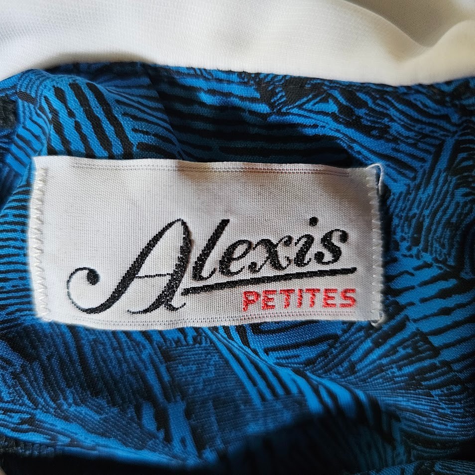 Vtg 80s Disco Secretary Ascot Tie Peter Pan Blouson Graphic Peplum Work Dress S