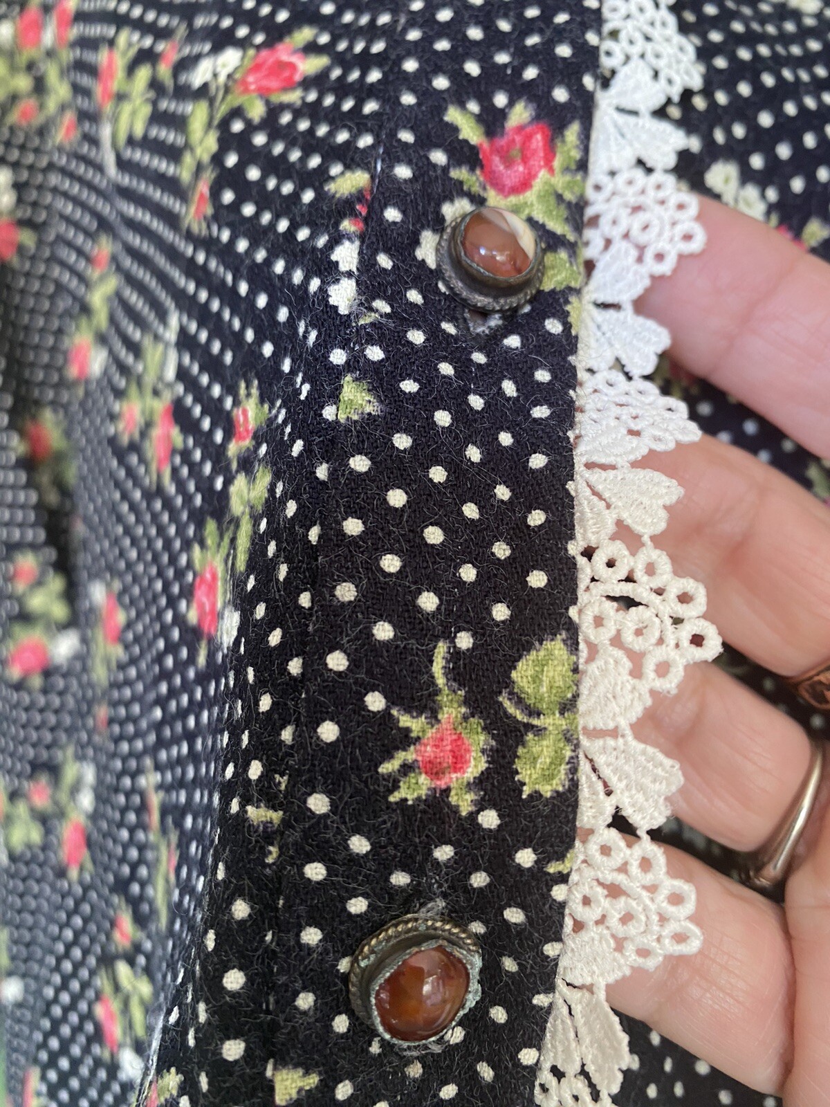 Vtg 70’s Liberty of London Black Polka Dot Rose Blouse W/ Agate Buttons