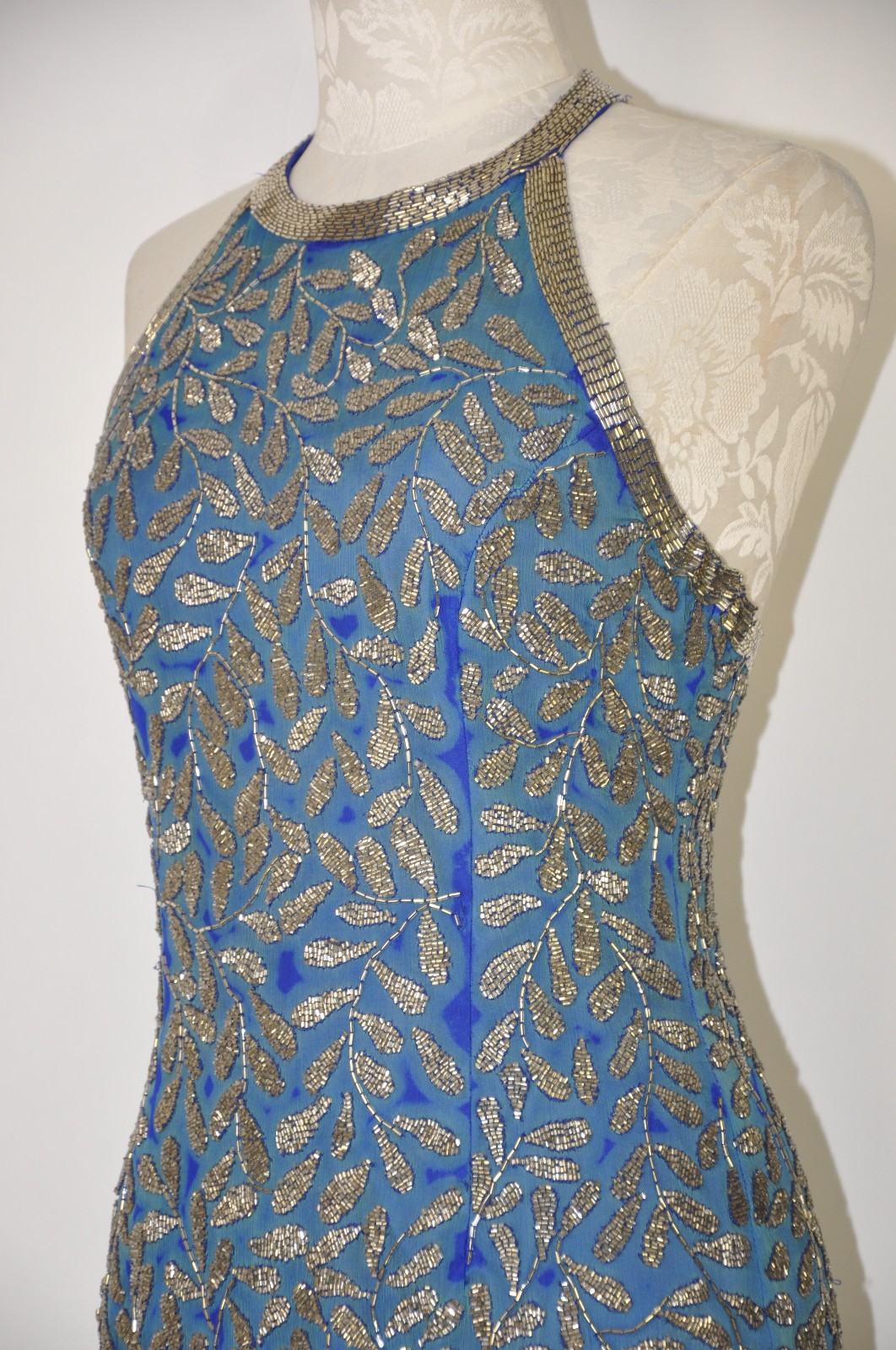 80s Vintage Blue Silk Silver Beaded Jeweled Leaves Backless Halter Mini Dress S