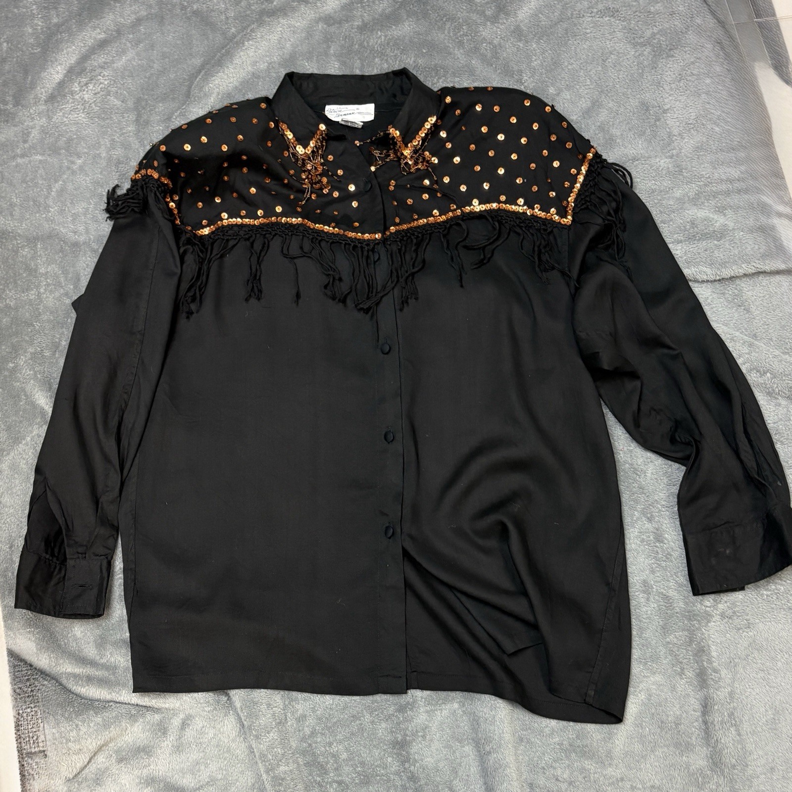 Patricia Hermann Vntg Beaded Fringe Blouse Women’s M/L Black w/Cooper Accents