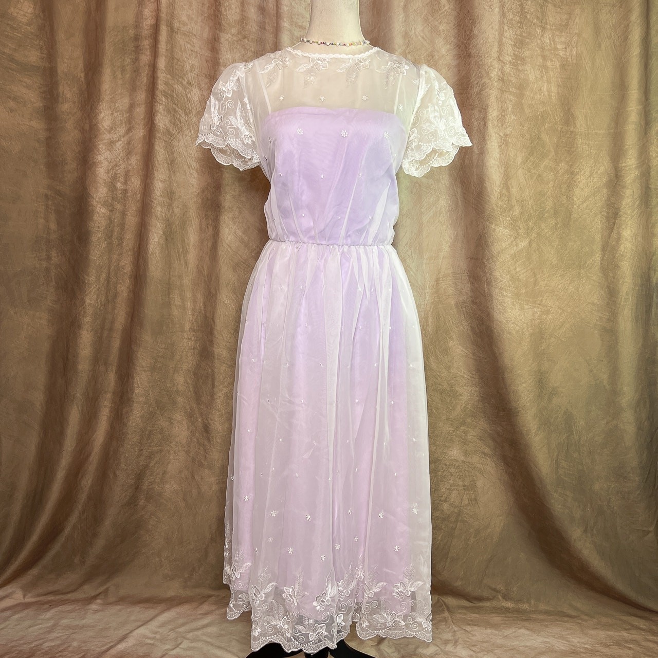 Vintage Coquette Dress 70s Sheer Mesh Floral Embroidered Lavender Tea Party