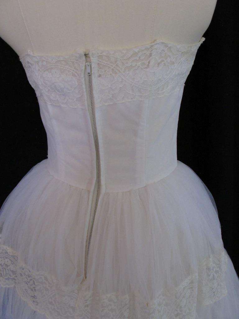 Vintage 50s Emma Domb White Tulle & Lace 2pc Wedding or Prom Dress Tiered Ruffle
