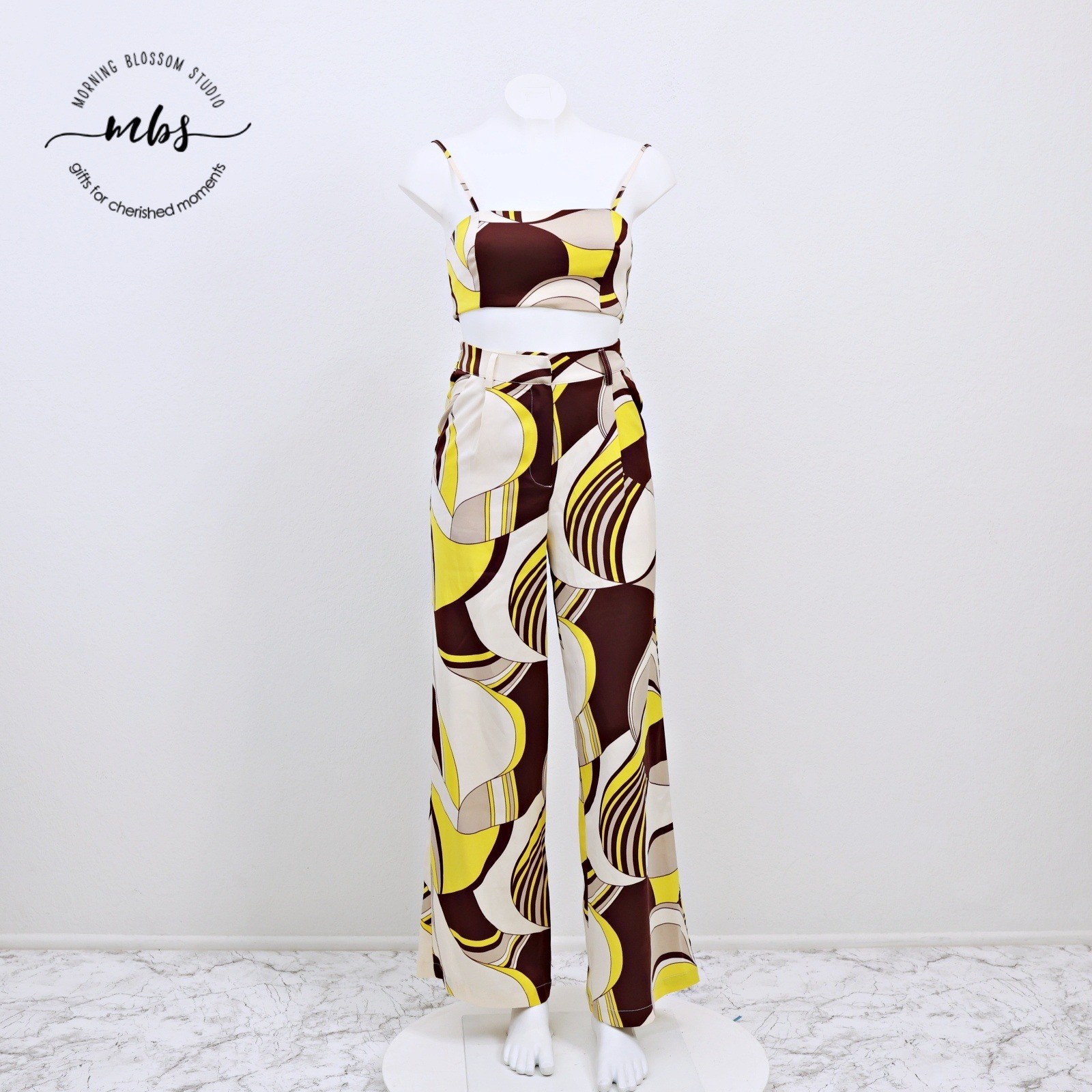House of Harlow 1960 2-Piece Retro 70s Geometric Swirl Set Yellow Brown Women XS