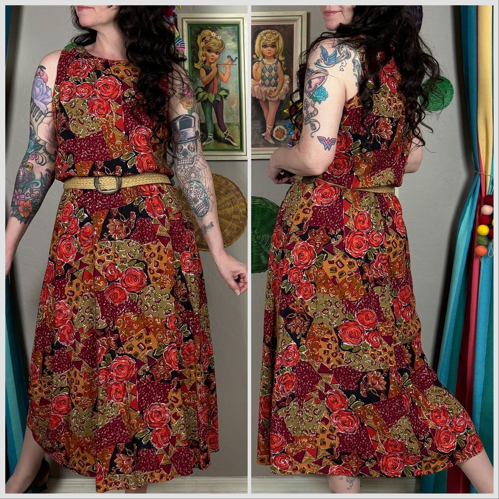 Vintage 1980s Sleeveless Floral and Patchwork Print Belted Midi Dress | S/M