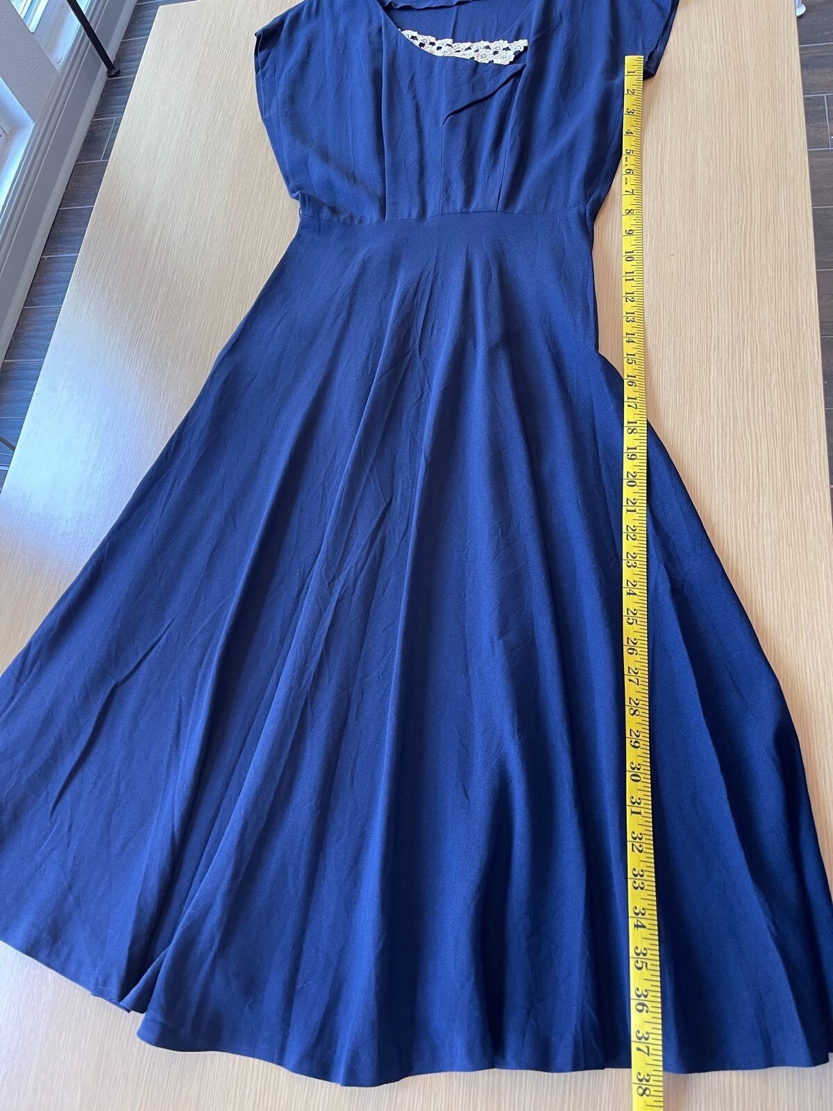 40’s 50’s Navy-Blue Rayon Lace-Beaded Collar Dress Lady Petite Size S/M