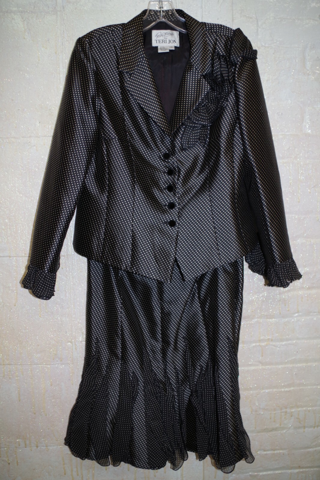 C5 Rickie Freeman for Teri Jon Polka Dot Skirt Suit Silk & Wool 12 Black & White