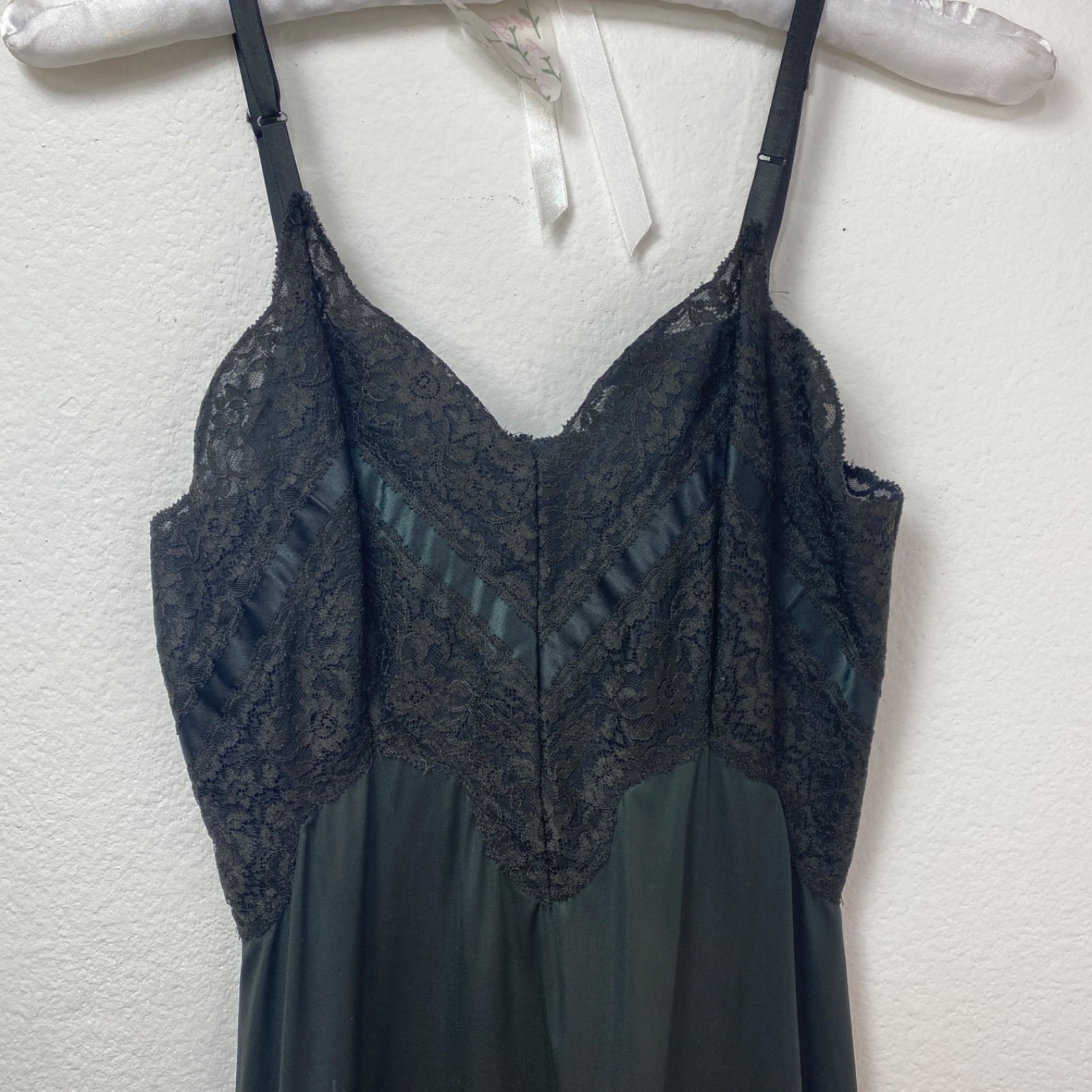 Vintage Charmode Black Full Nylon Tricot Baby Doll Slip Size 32 Lace Below Knee