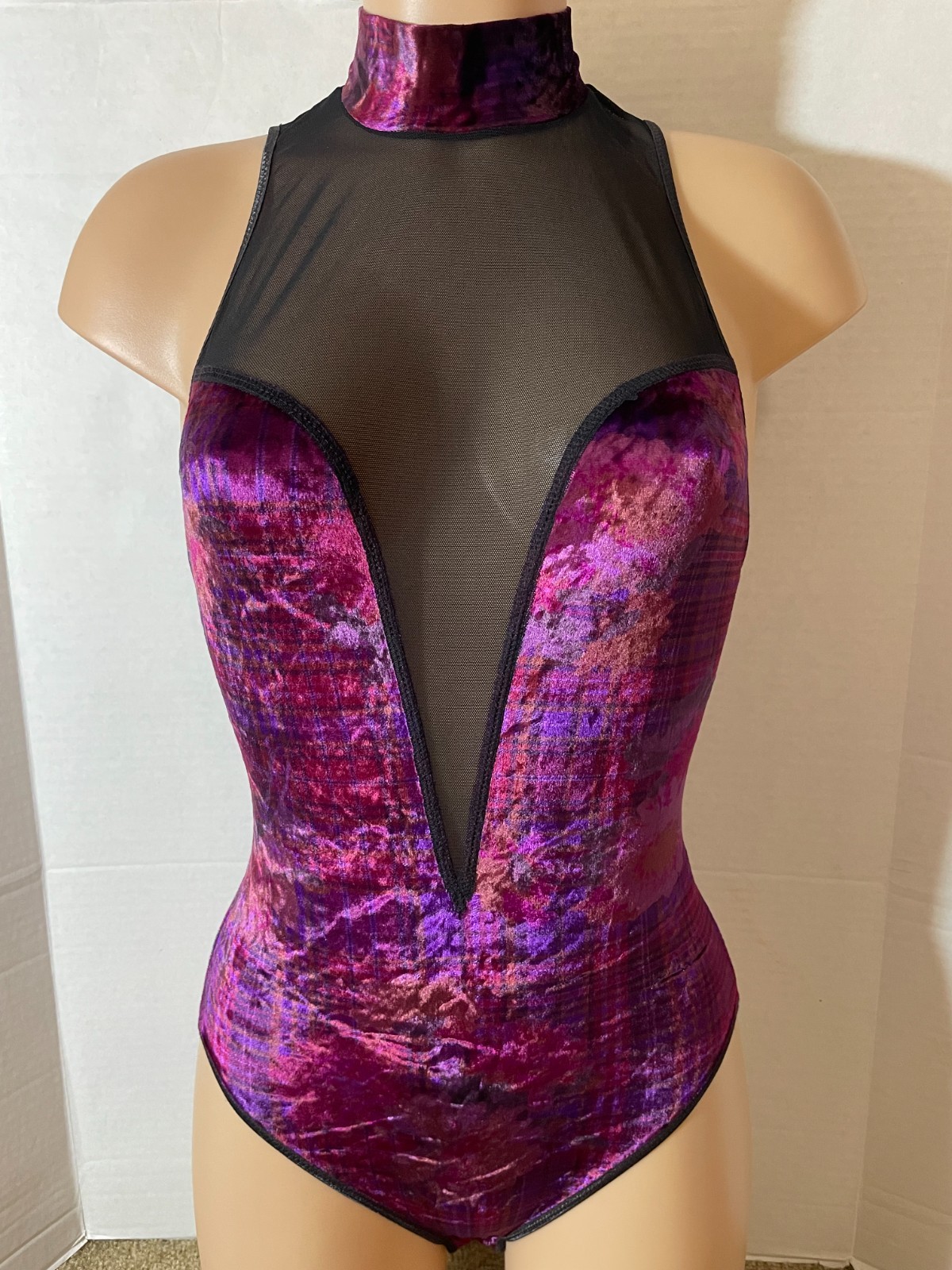 RARE Vtg VICTORIA’S SECRET Soft VELVET Bodysuit Teddy Playsuit Sheer Black Mesh