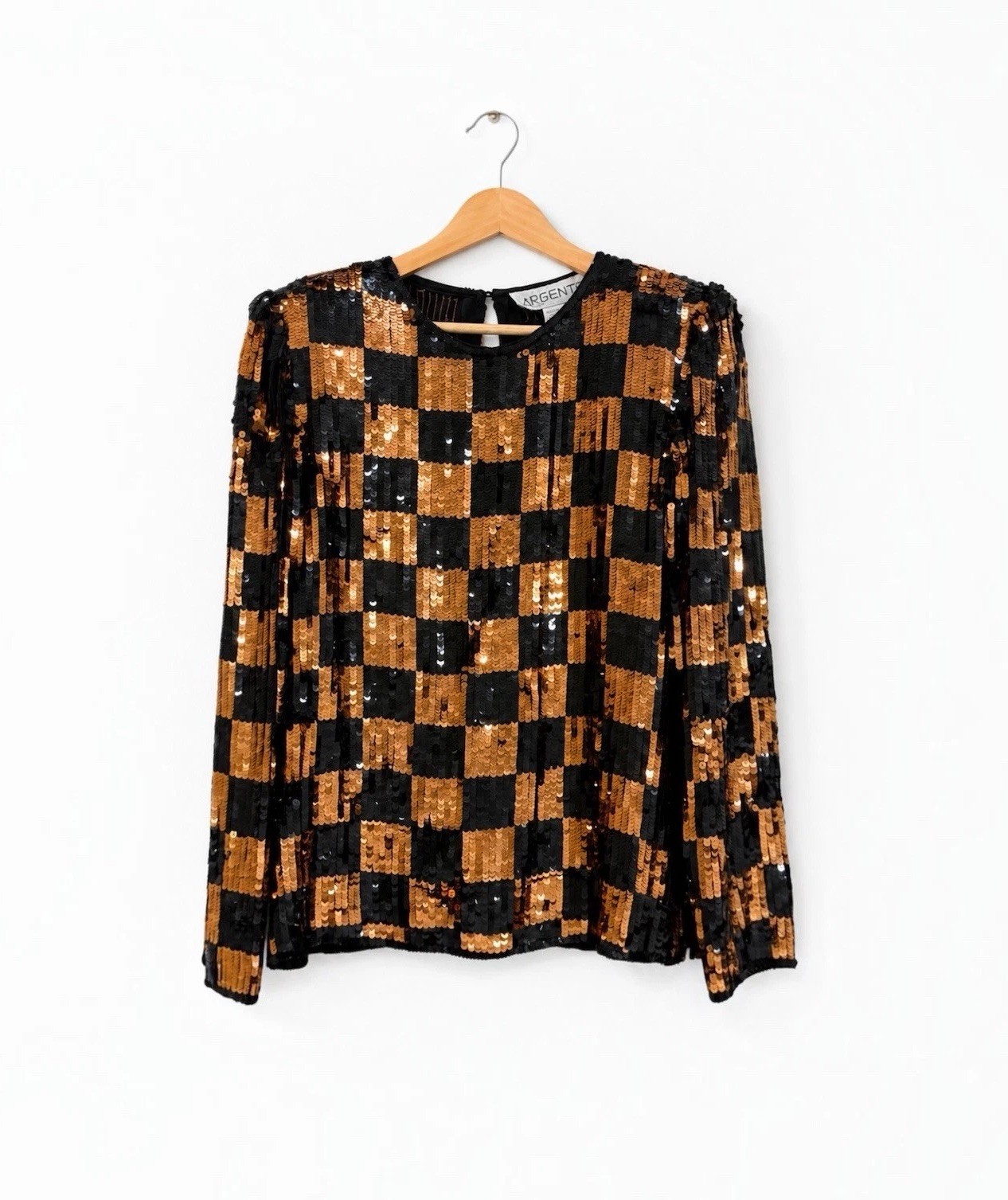 Vintage Silk Black Gold Copper Checkerboard Sequin Blouse Argenti Notte Medium