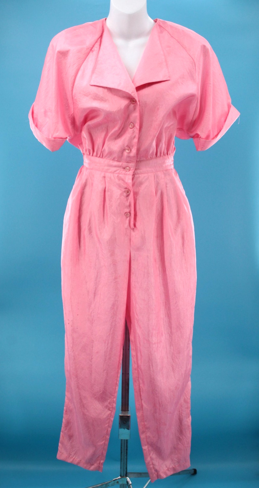 Vtg Women’s 80s Pink Shiny Polyester Fabric Jumpsuit Sz S 1980s F/stop