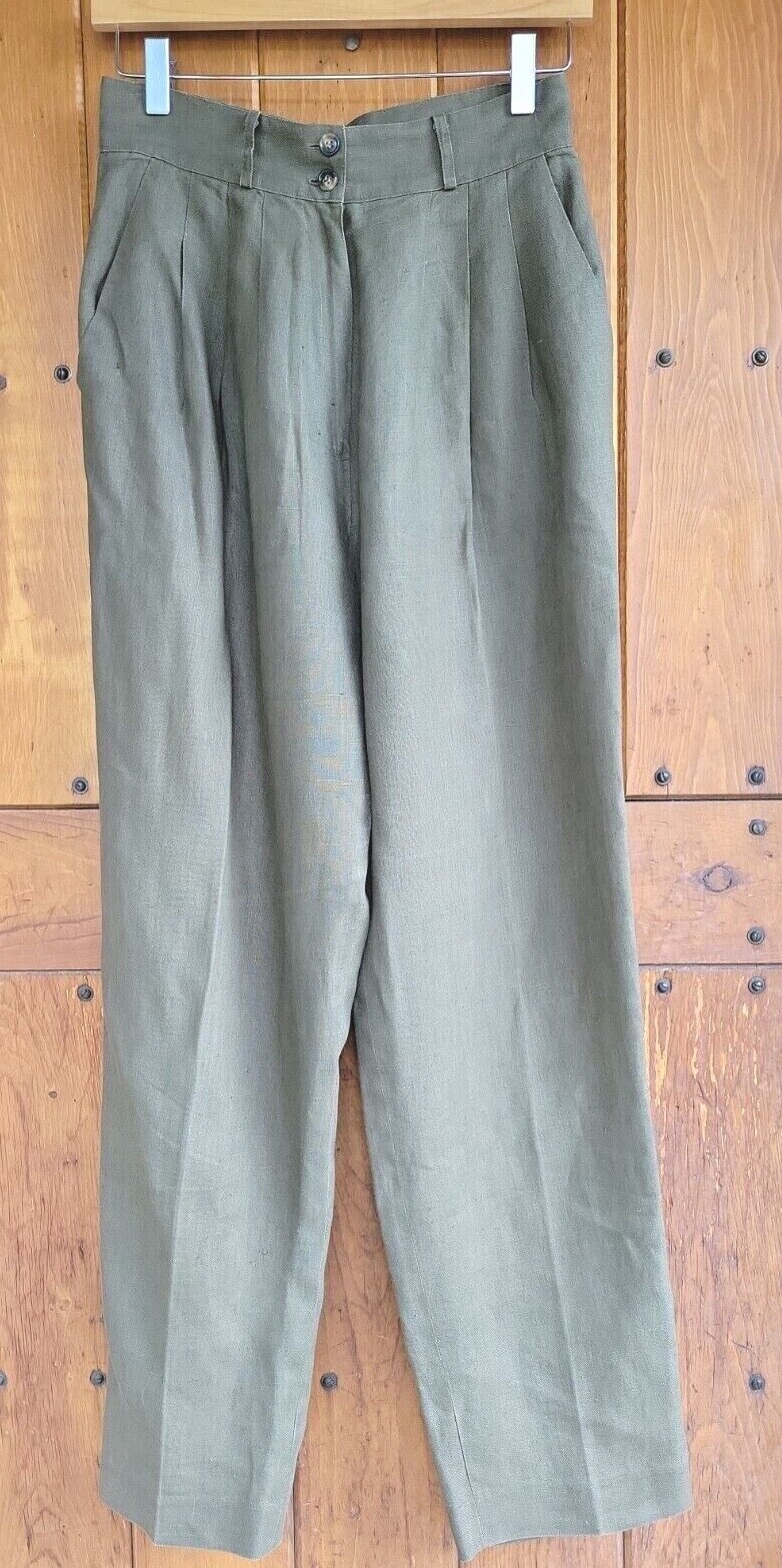 Vintag Lauren Alexandra Sz 8 Olive 100% Linen High Rise Pleated Tapered Trouser