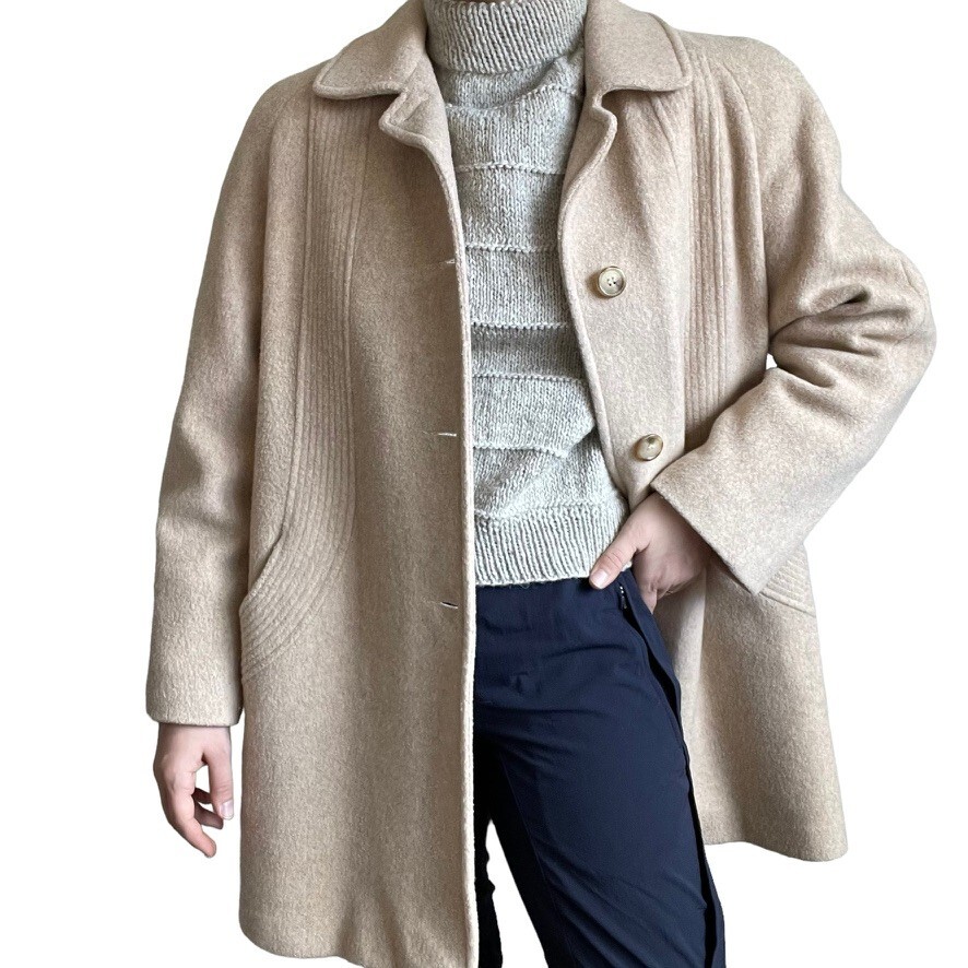 Vintage Bromley Collection Womens Cream Wool Mid Length Retro Trench Coat Sz 16