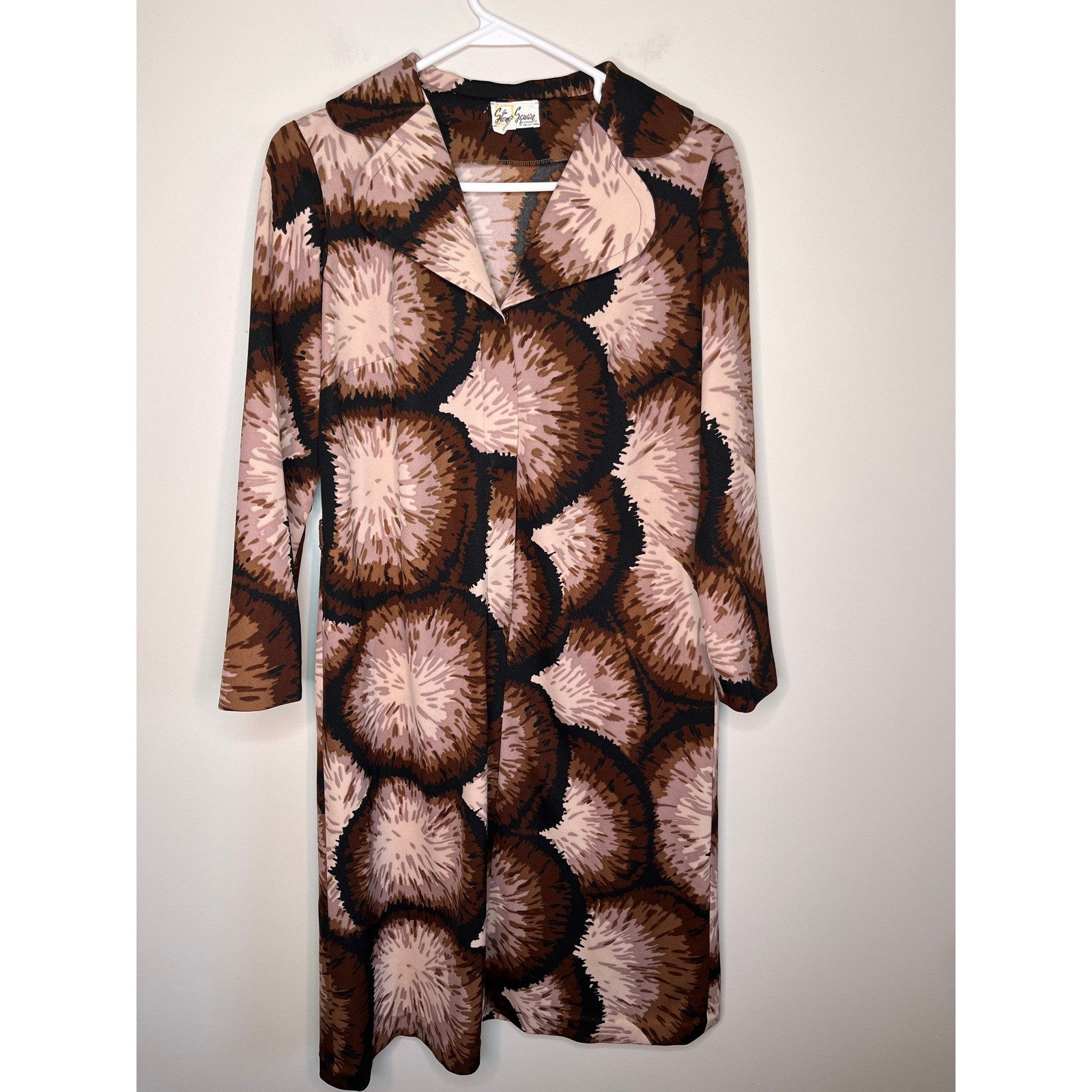 1970s Stoner Square Abstract Psychedelic Brown MCM Collared Volup Dress XL